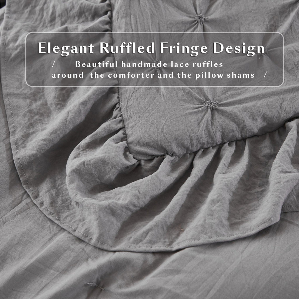 3 Piece Pinch Pleated Comforter Set - Chic Embroidery Farmhouse Style Bedding Set