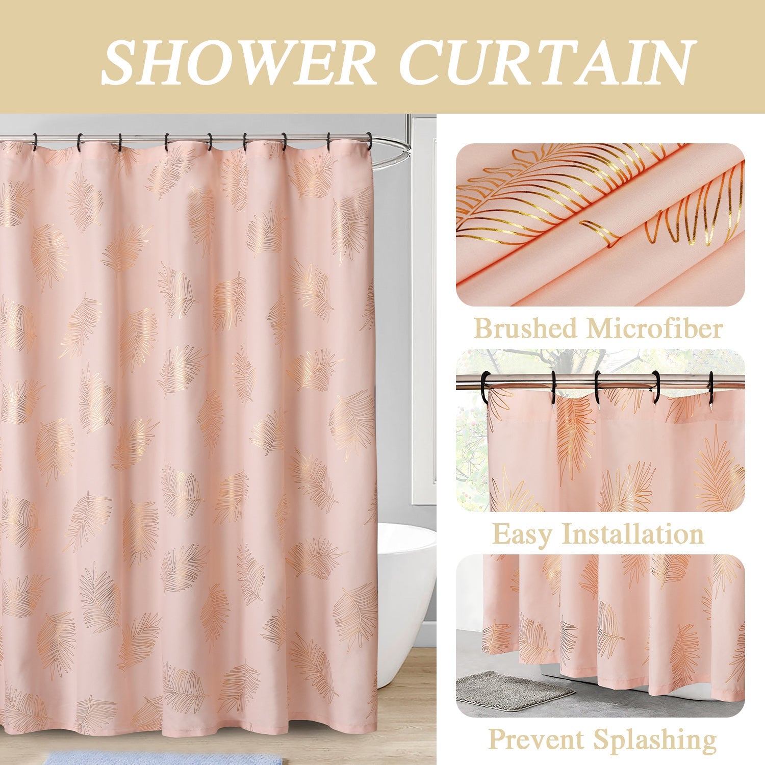 HIG Glitterr Foil Palm Tree Leaf Printed Shower Curtain, Modern Tropical Fabric Shower Curtains for Bathroom Decor, Decorative Shiny Bath Curtain, 72" x 72"