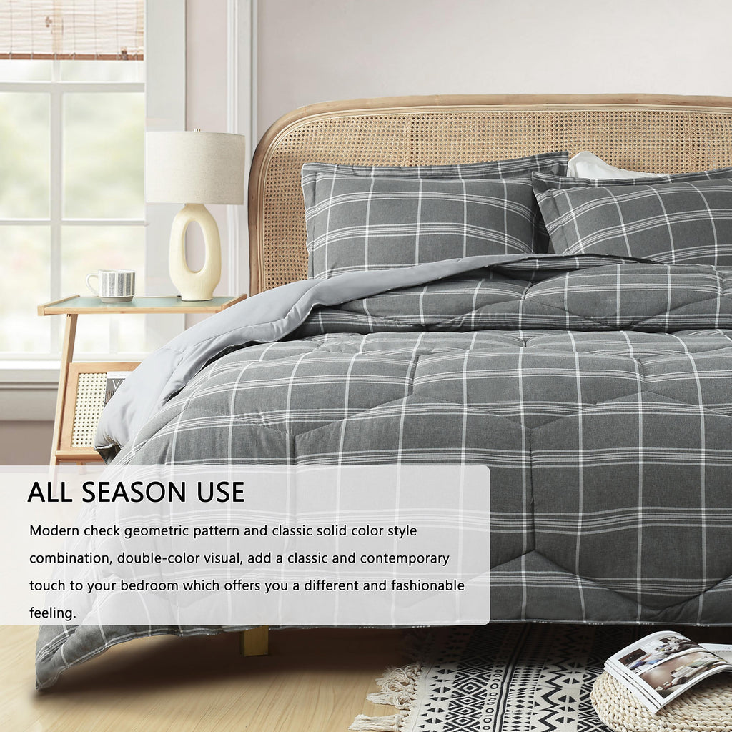 HIG 3PCS Reversible Check Pattern Comforter Set Cationic Dyeing Bedding Set, Beige / Gray, Queen / King