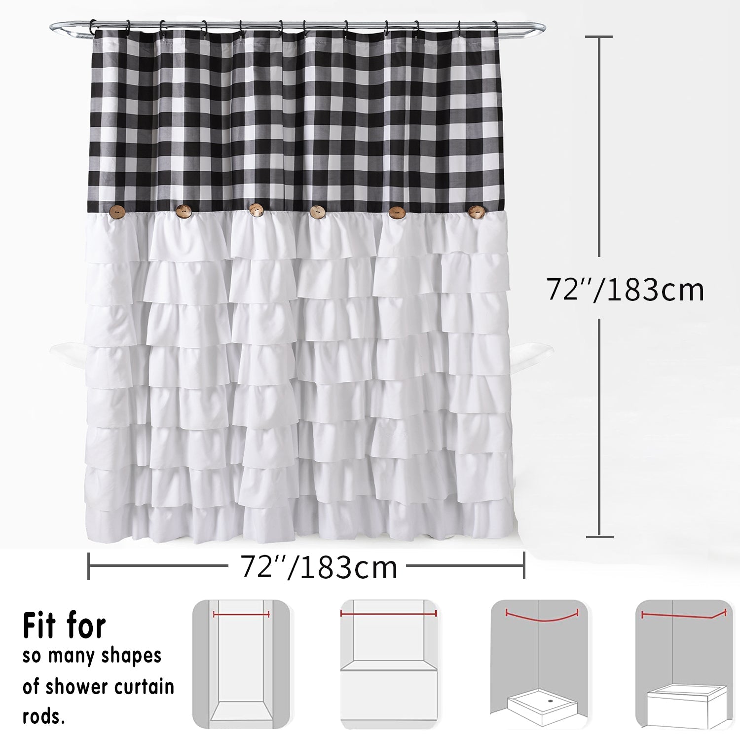 Chic Ruffled Shower Curtain with Black and White Buffalo Plaid, Boho Microfiber Bathtub Curtain with Natural Coconut Buttons, 72 x 72"
