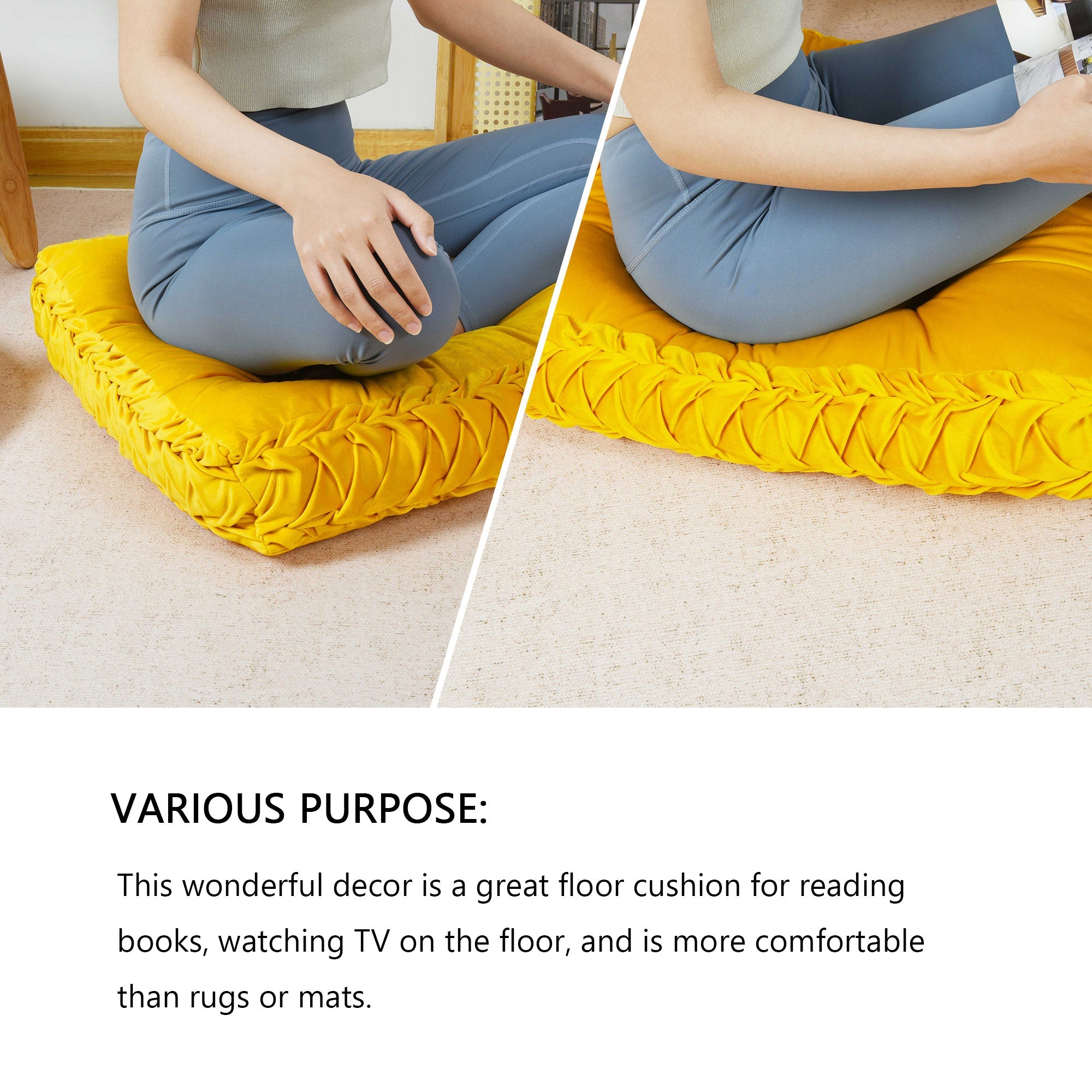 HIG Velvet Square Tufted Floor Pillow with Handmade Pleated 22x22 inch