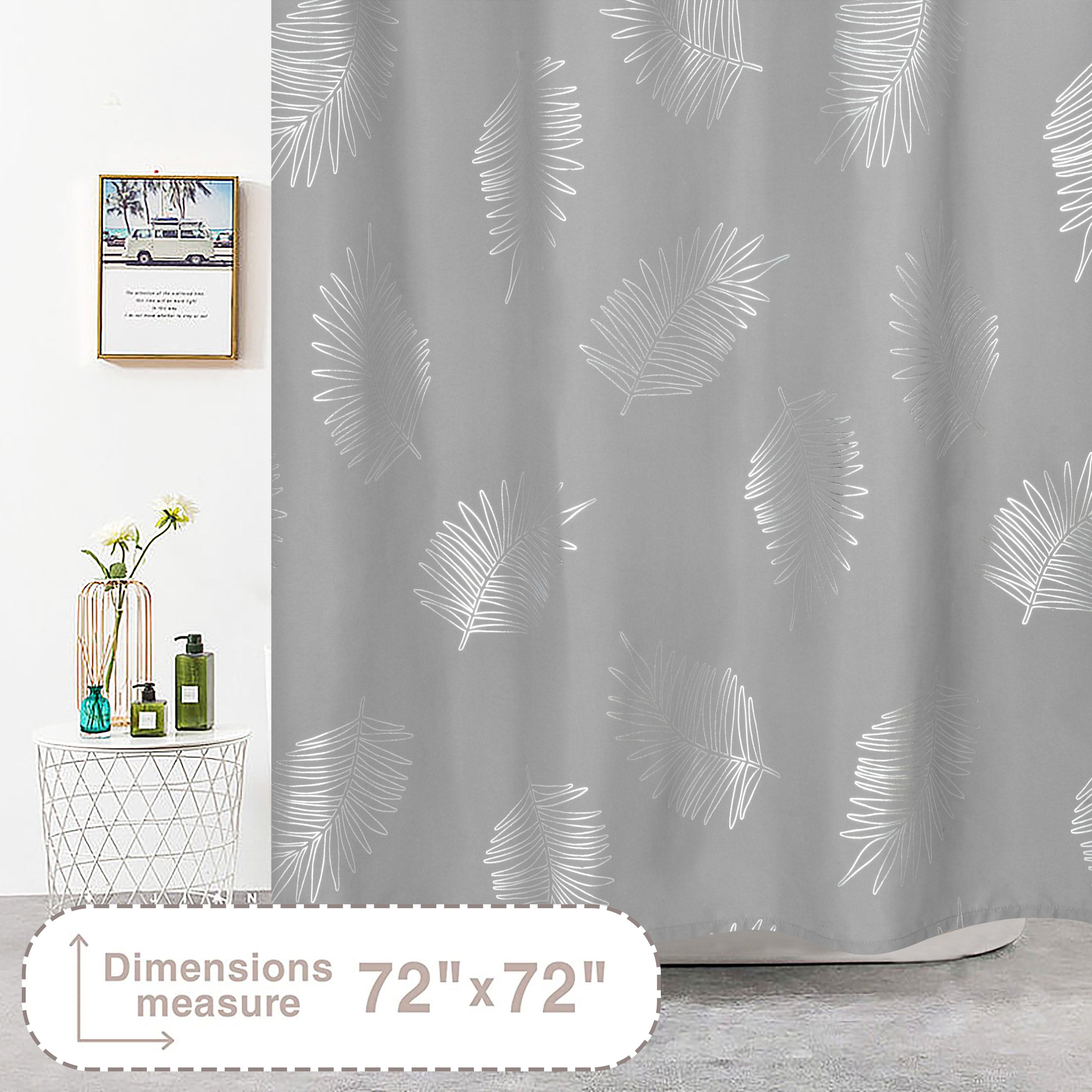 HIG Glitterr Foil Palm Tree Leaf Printed Shower Curtain, Modern Tropical Fabric Shower Curtains for Bathroom Decor, Decorative Shiny Bath Curtain, 72" x 72"