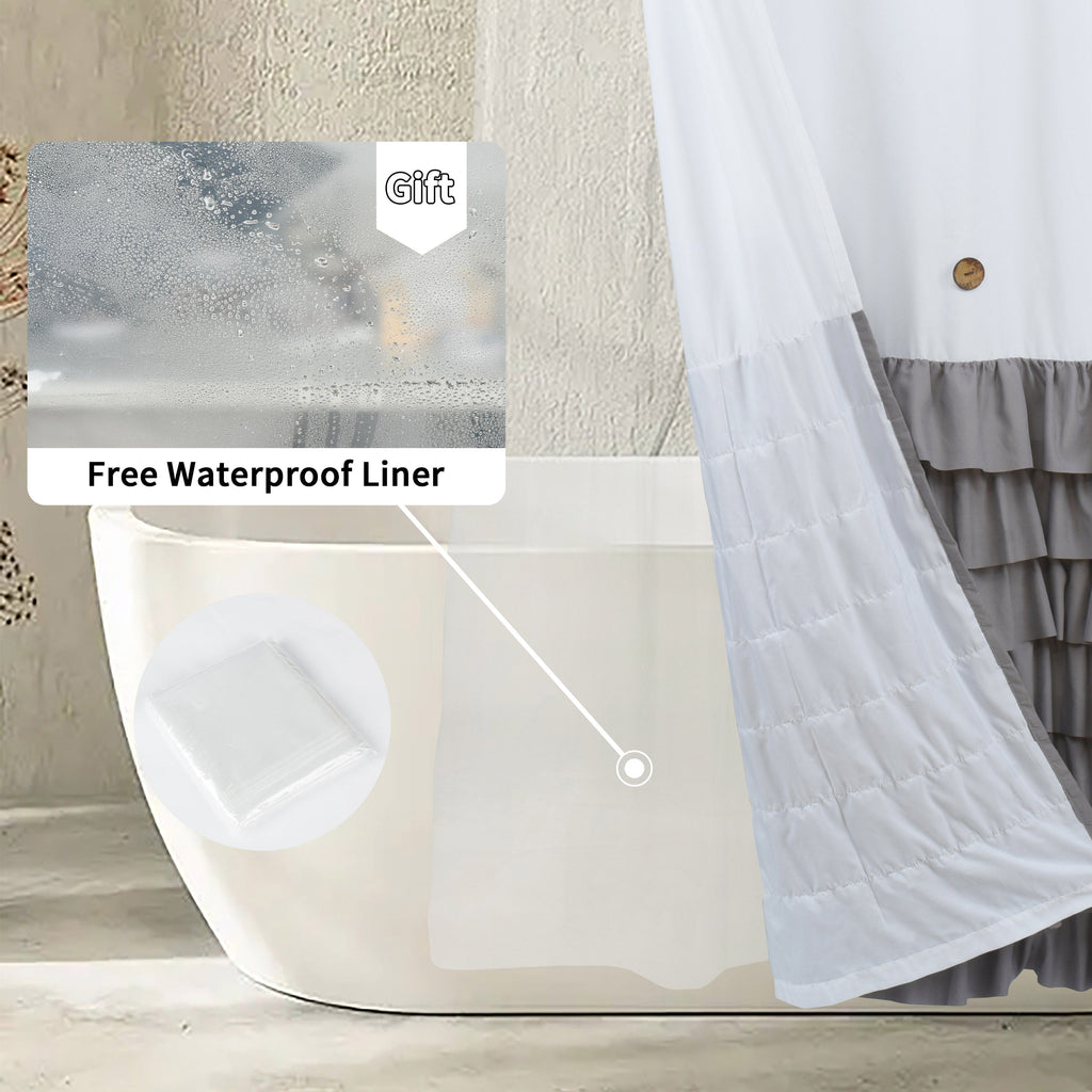 HIG Farmhouse Shower Curtain with PEVA Liner Bathroom Curtain with Buttons Decor, 72"x72"