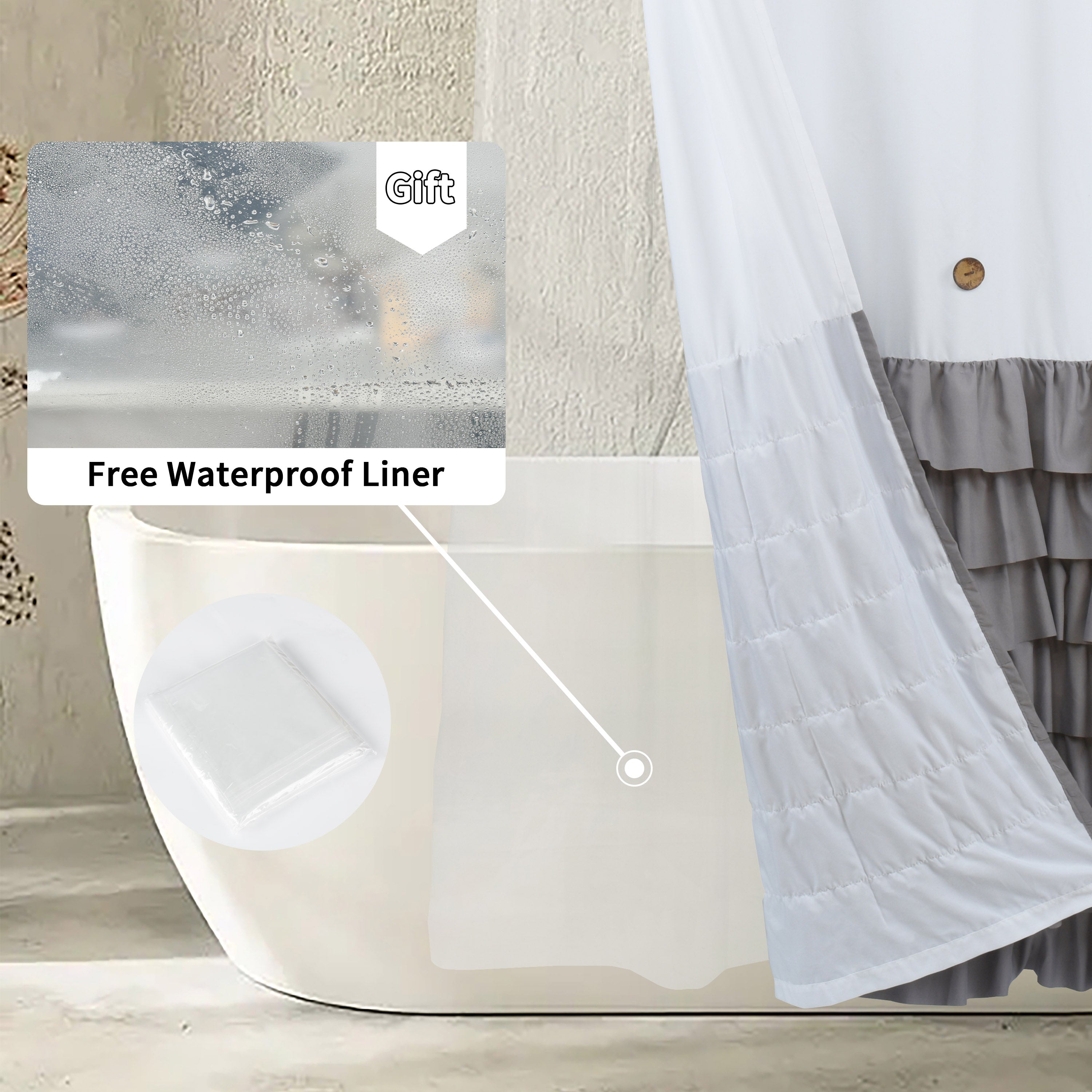 HIG Farmhouse Shower Curtain with PEVA Liner Bathroom Curtain with Buttons Decor, 72"x72"