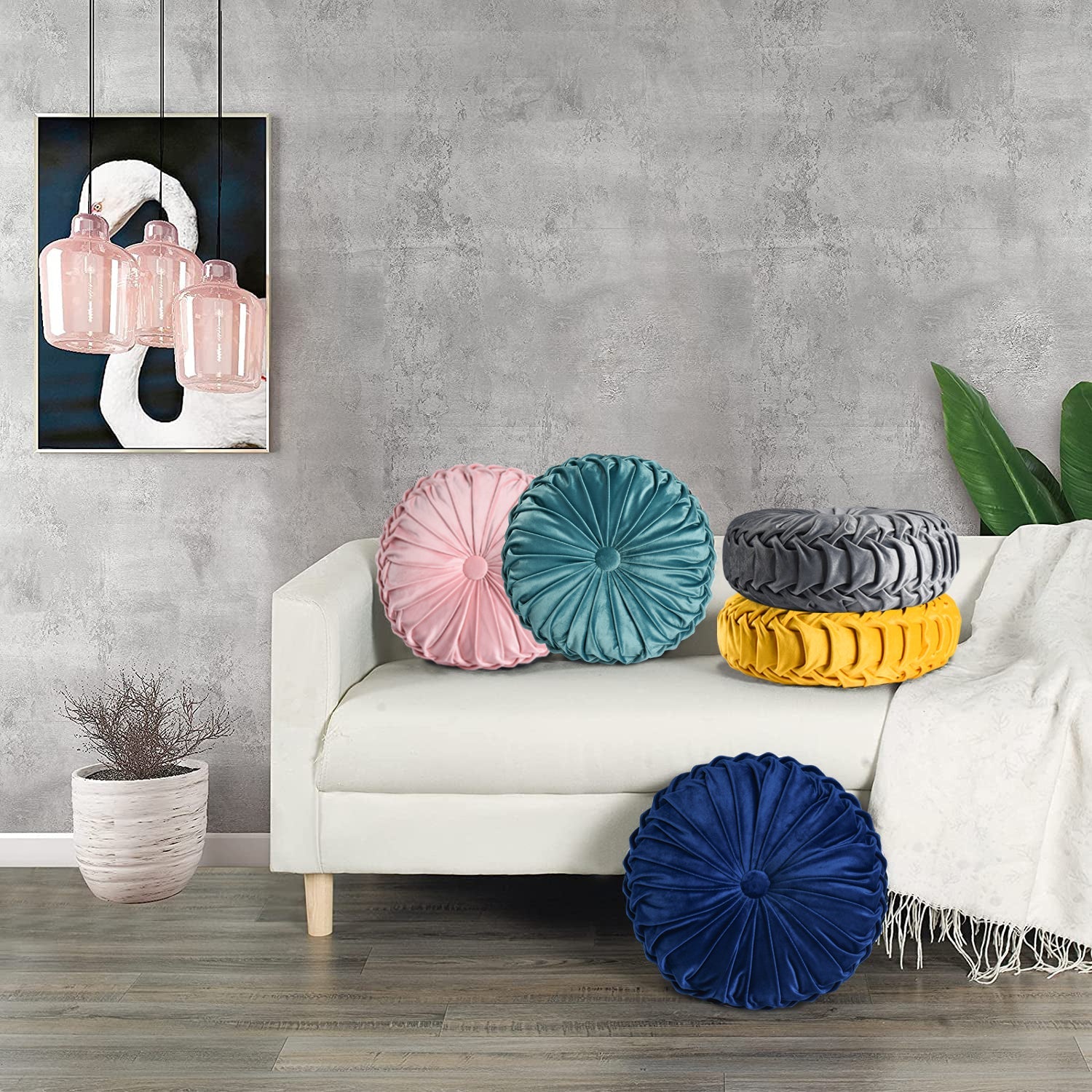 Set of 2 Decorative Velvet Round Pleated Throw Pillows,14.5" Diameter