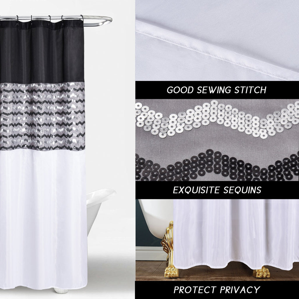 Modern Glitter Shower Curtain - Shimmer Sequin Design for Bathroom, Chic Stunning Bath Curtain with Color Block Design, 72" x 72"