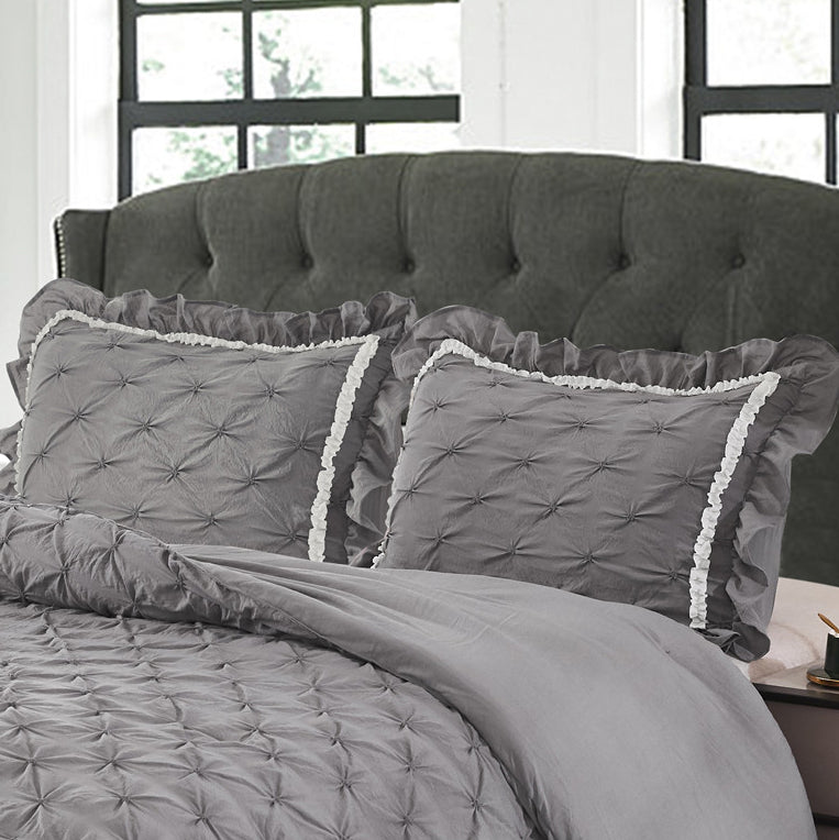 3 Piece Pinch Pleated Comforter Set Queen - Gray and White Chic Embroidery Farmhouse Style Bedding Set