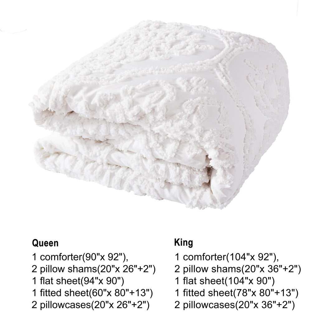 HIG Modern Series 7-Piece White Tufted Vintage Damask Bed in a Bag, Queen / King