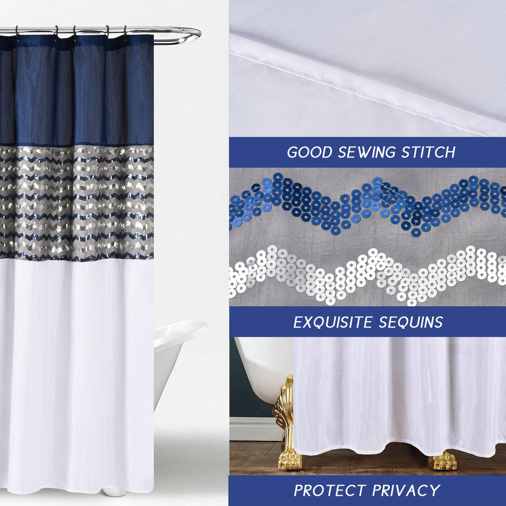 Modern Glitter Shower Curtain - Shimmer Sequin Design for Bathroom, Chic Stunning Bath Curtain with Color Block Design, 72" x 72"