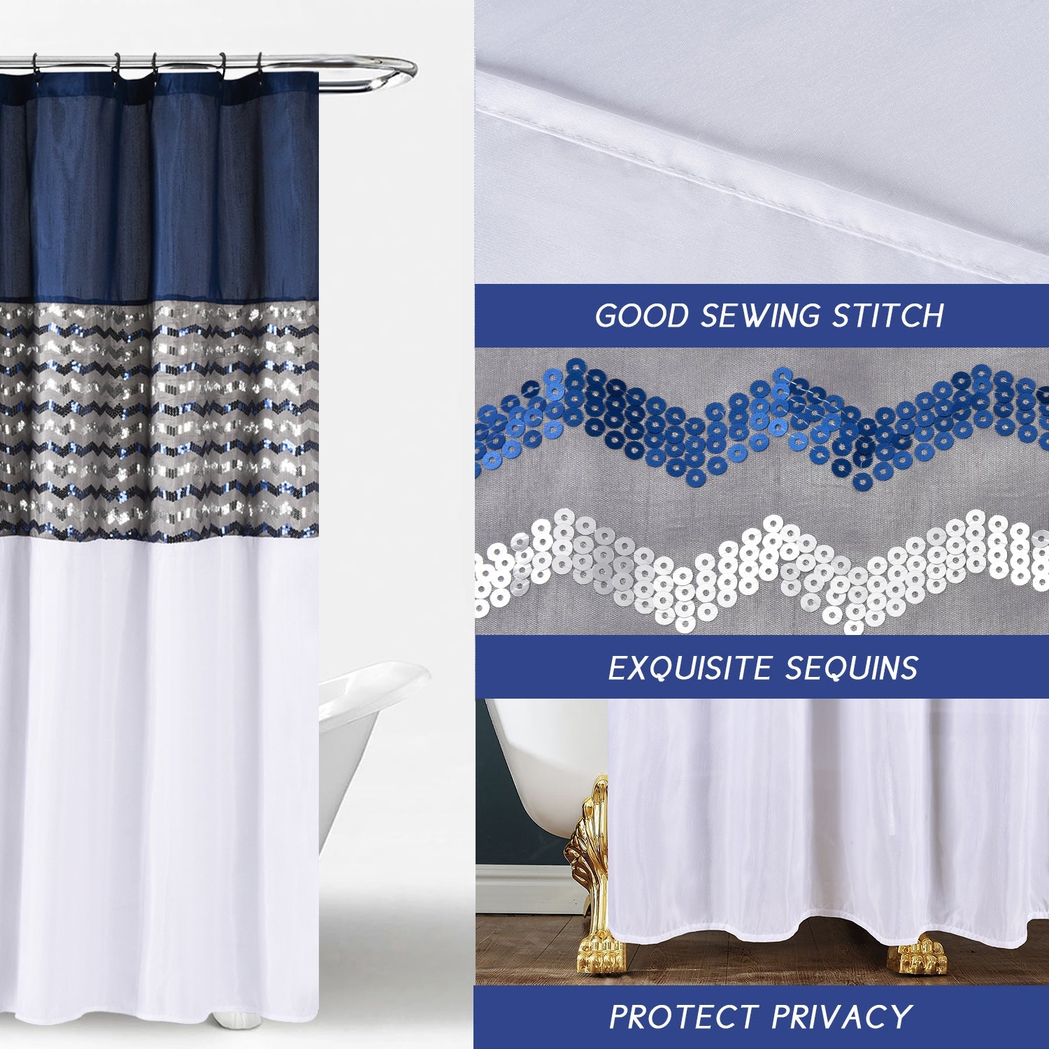 Modern Glitter Shower Curtain - Shimmer Sequin Design for Bathroom, Chic Stunning Bath Curtain with Color Block Design, 72" x 72"