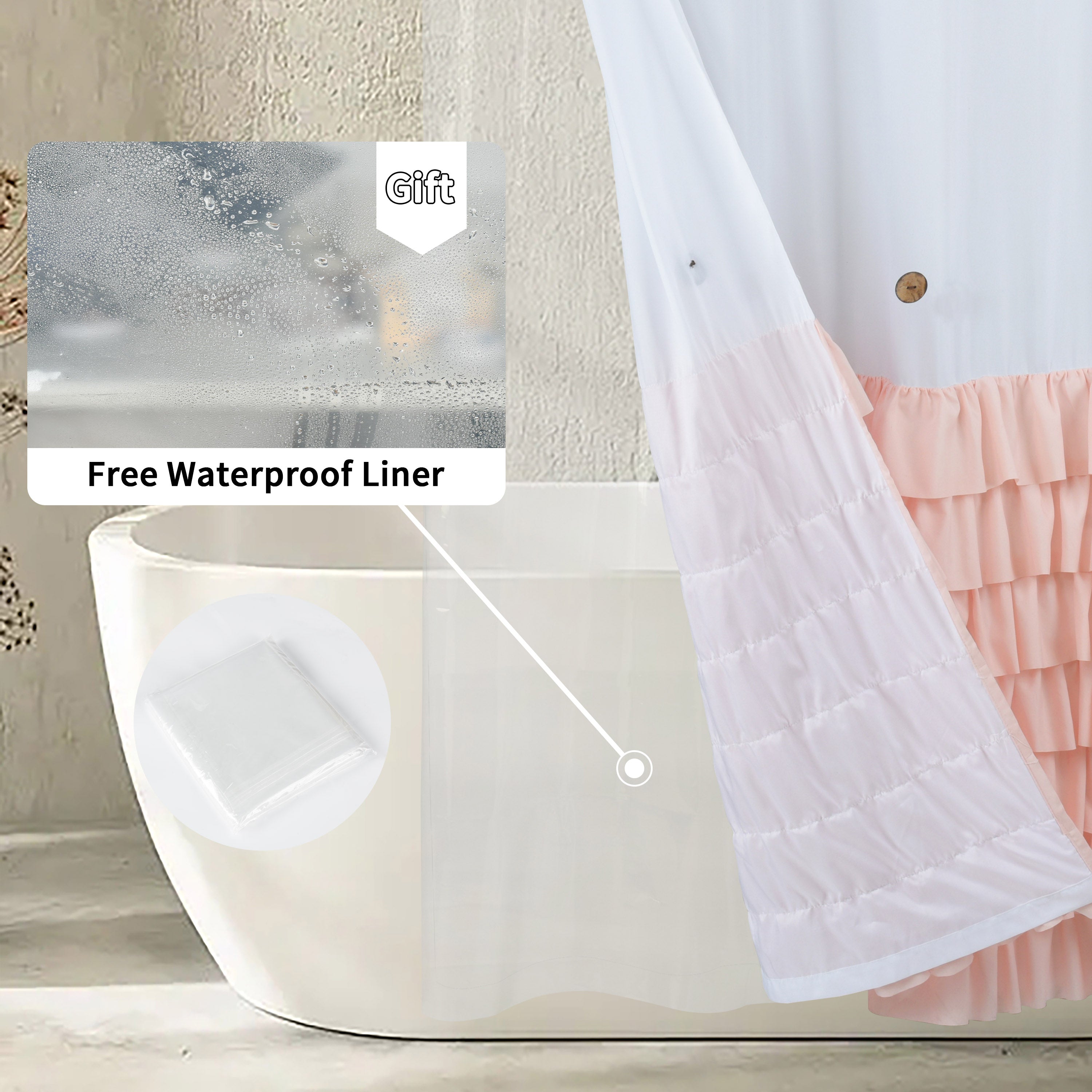 HIG Farmhouse Shower Curtain with PEVA Liner Bathroom Curtain with Buttons Decor, 72"x72"