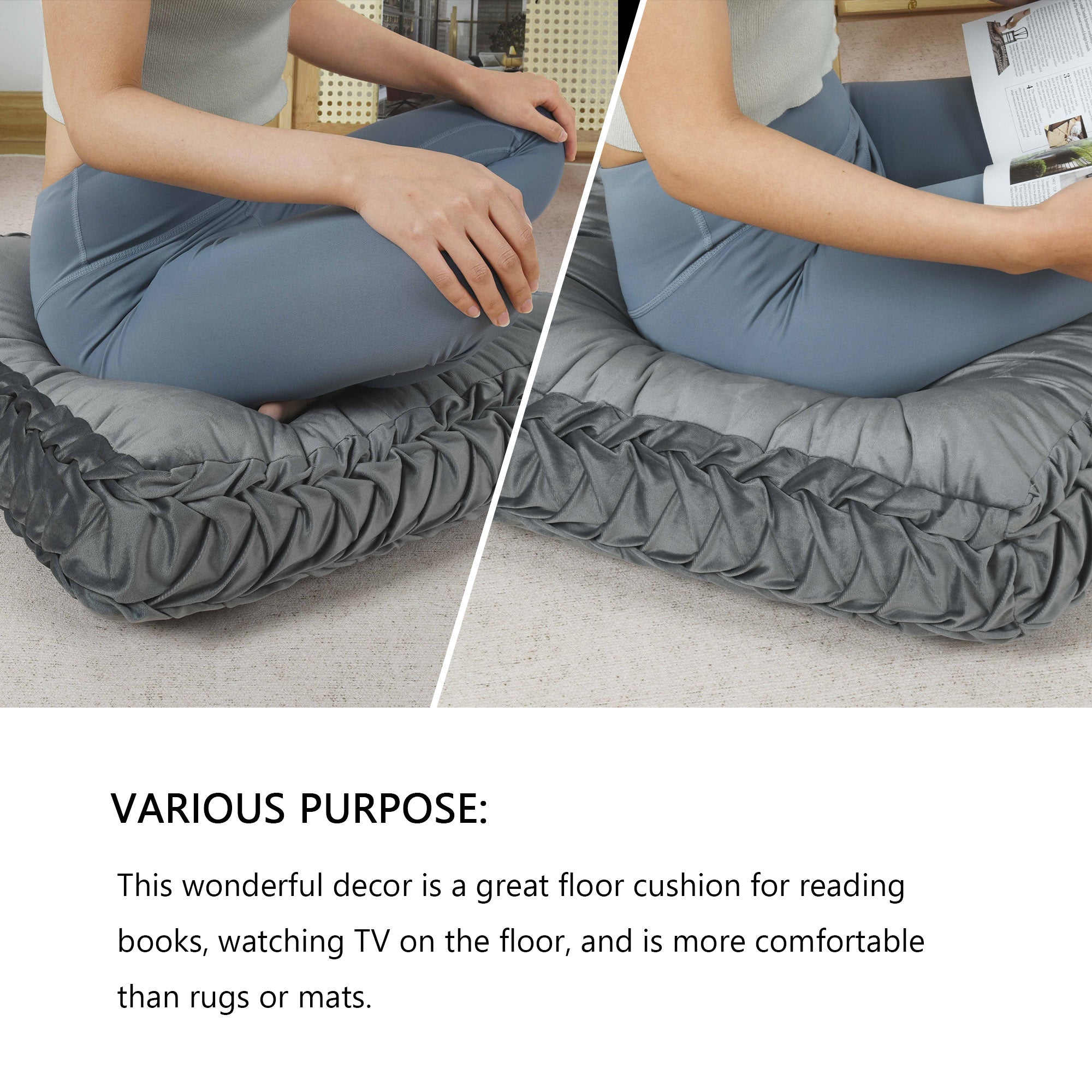 HIG Velvet Square Tufted Floor Pillow with Handmade Pleated 22x22 inch