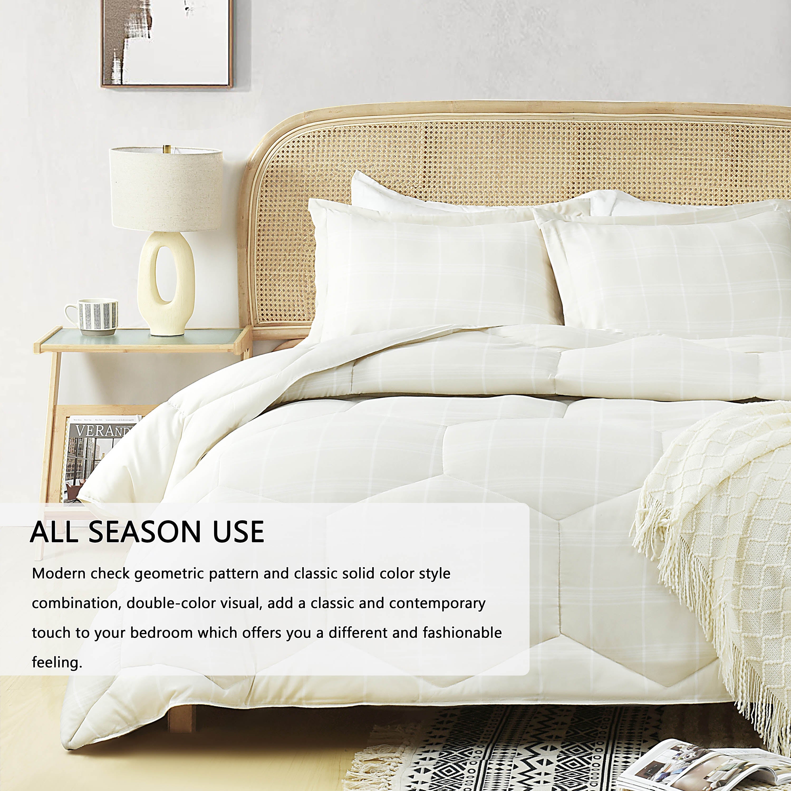 HIG 3PCS Reversible Check Pattern Comforter Set Cationic Dyeing Bedding Set, Beige / Gray, Queen / King