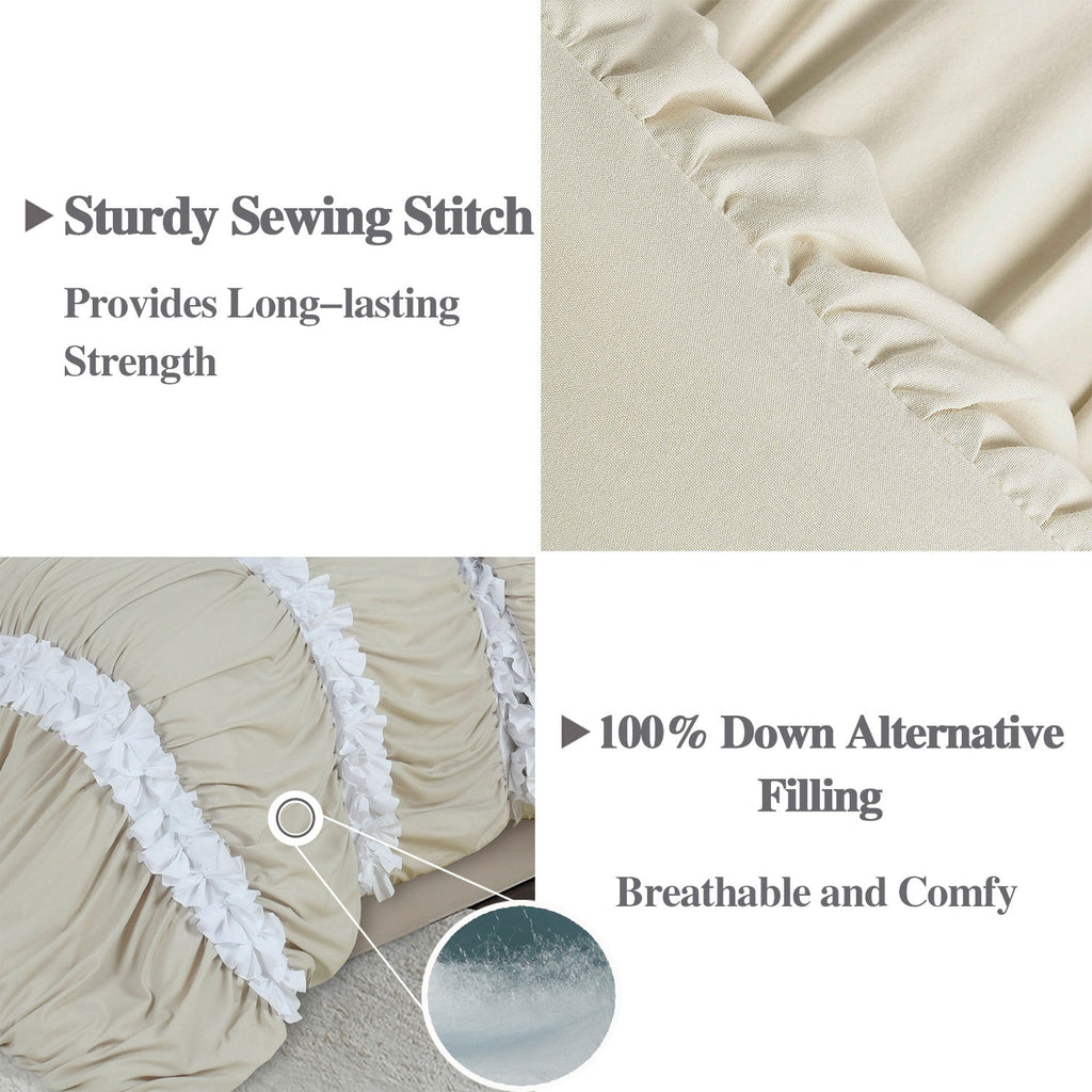 HIG 7 Piece Ruched Pleat Comforter Set Camel and White Romantic Bed in a Bag Queen King Size