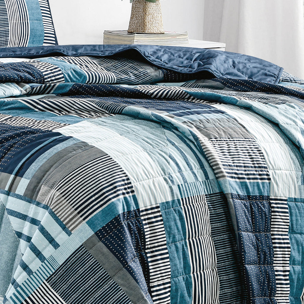 HIG 3 Piece Stripe Splicing Print Bedspread Set King & Queen Size for Bedroom