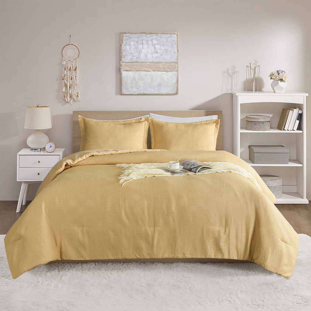 3 Pieces Textured Waffle Weave Comforter Set with Geometric Jacquard Pattern (Borya)