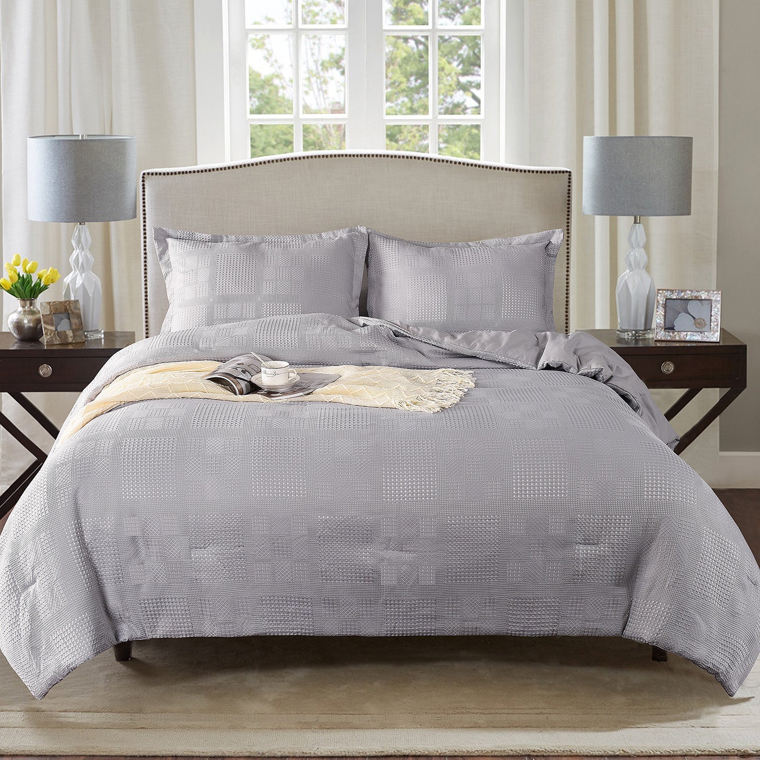 3 Pieces Textured Waffle Weave Comforter Set with Geometric Jacquard Pattern (Borya)