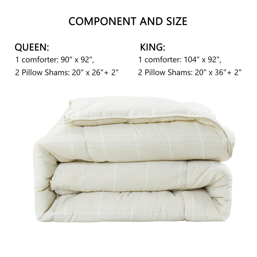 HIG 3PCS Reversible Check Pattern Comforter Set Cationic Dyeing Bedding Set, Beige / Gray, Queen / King