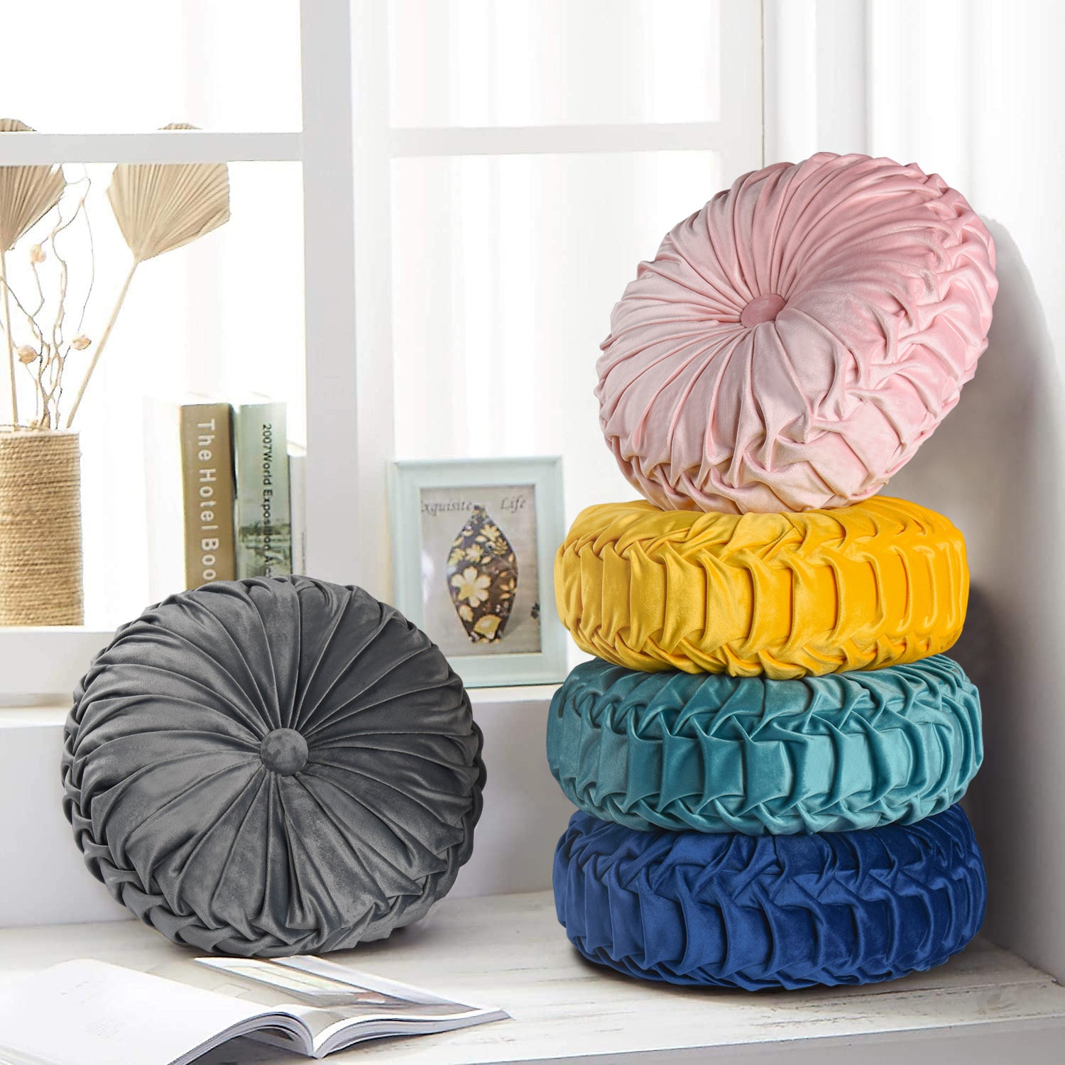 Set of 2 Decorative Velvet Round Pleated Throw Pillows,14.5" Diameter