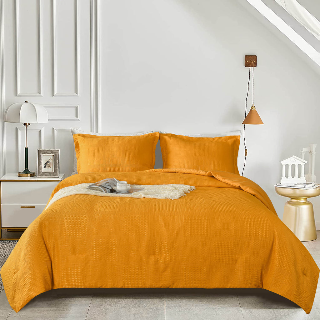3 Pieces Textured Waffle Weave Comforter Set with Geometric Jacquard Pattern (Borya)