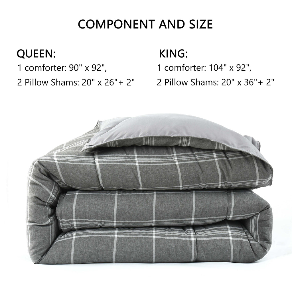 HIG 3PCS Reversible Check Pattern Comforter Set Cationic Dyeing Bedding Set, Beige / Gray, Queen / King