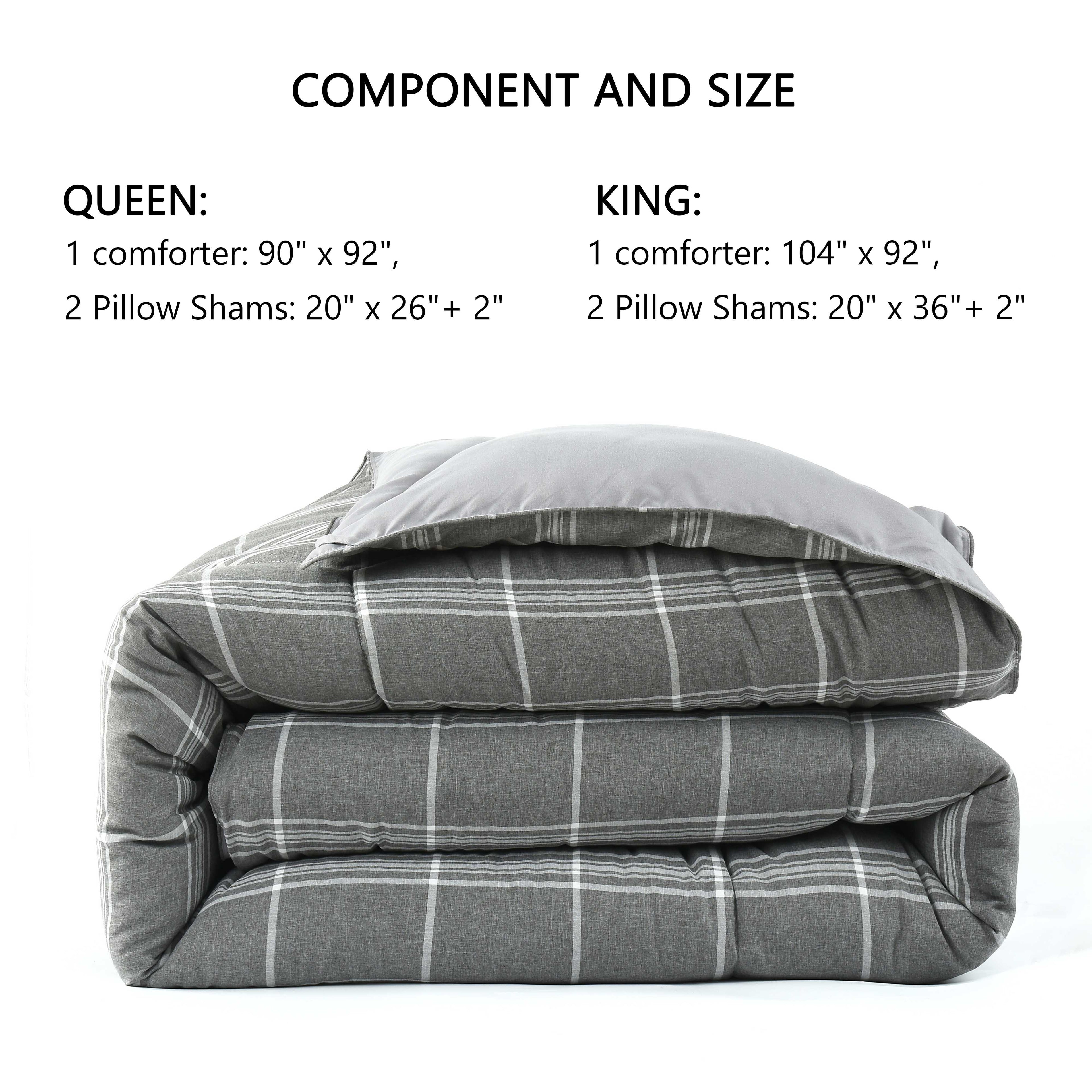 HIG 3PCS Reversible Check Pattern Comforter Set Cationic Dyeing Bedding Set, Beige / Gray, Queen / King