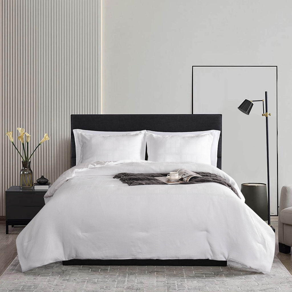 3 Pieces Textured Waffle Weave Comforter Set with Geometric Jacquard Pattern (Borya)