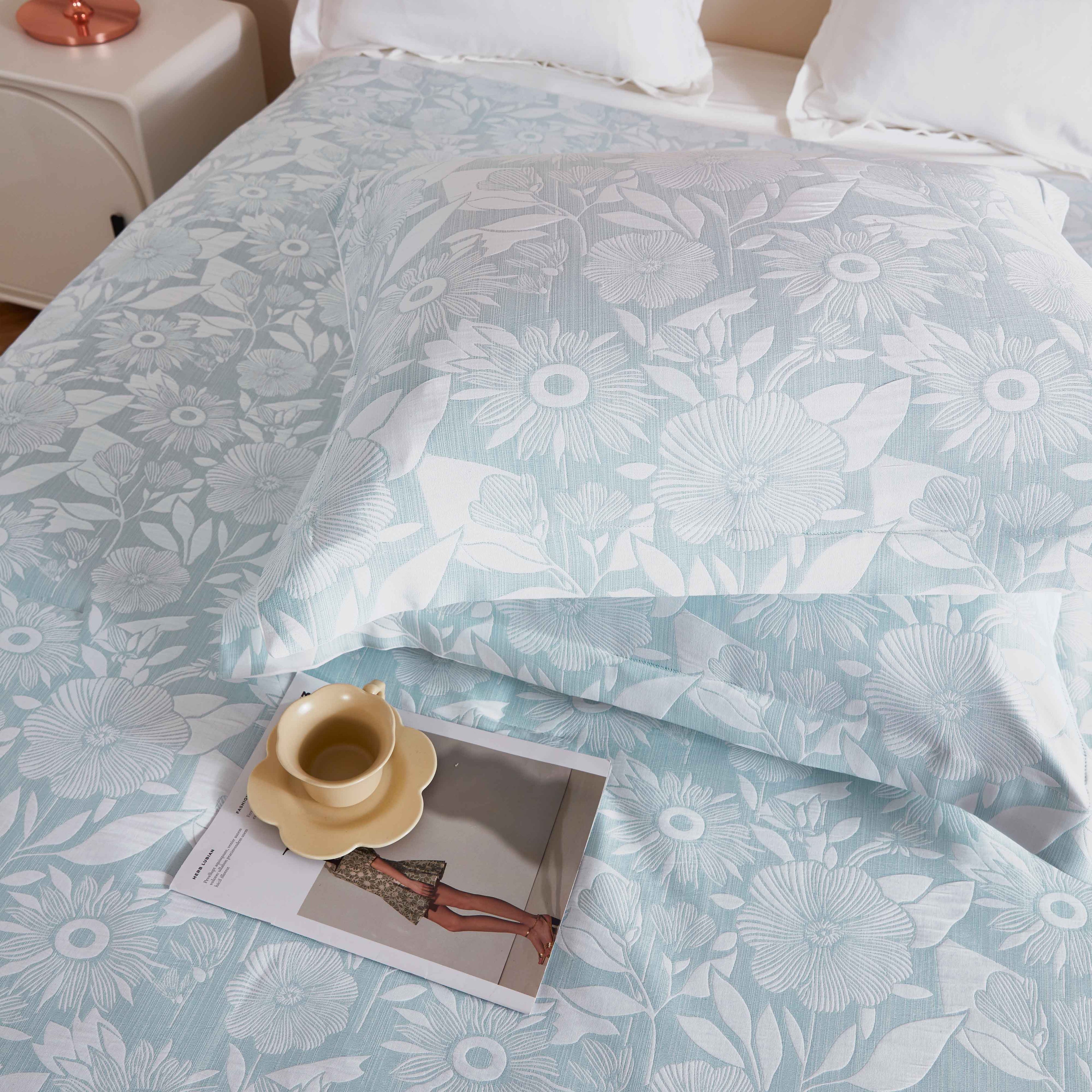 HIG 7pc Floral Jacquard Bed in a Bag Light Blue Botanical Comforters with Flat Sheet, Fitted Sheet and Shams