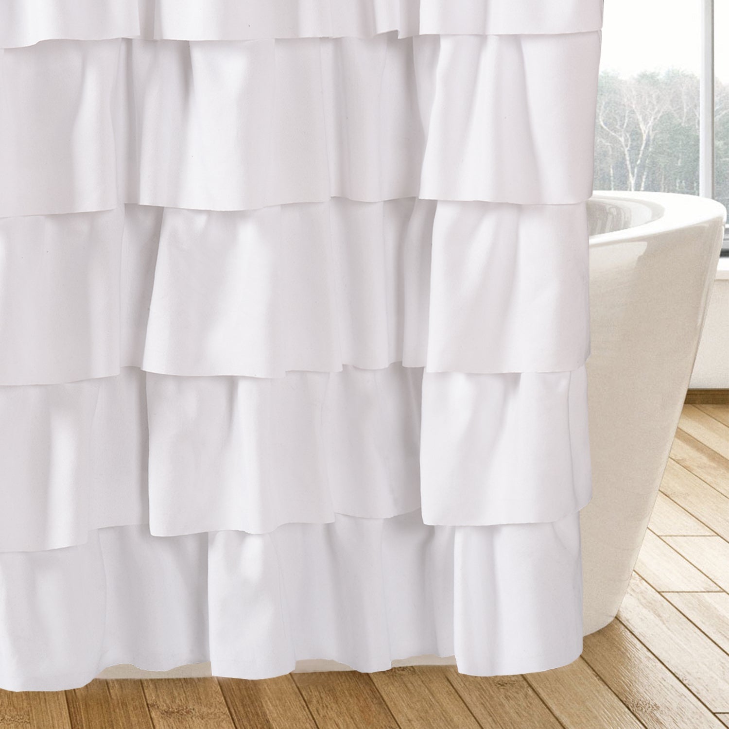 Chic Ruffled Shower Curtain with Black and White Buffalo Plaid, Boho Microfiber Bathtub Curtain with Natural Coconut Buttons, 72 x 72"