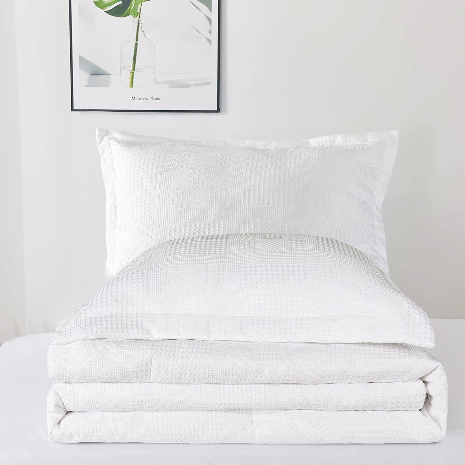 3 Pieces Textured Waffle Weave Comforter Set with Geometric Jacquard Pattern (Borya)