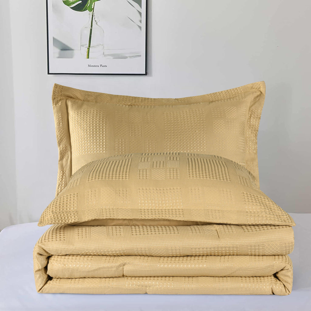 3 Pieces Textured Waffle Weave Comforter Set with Geometric Jacquard Pattern (Borya)