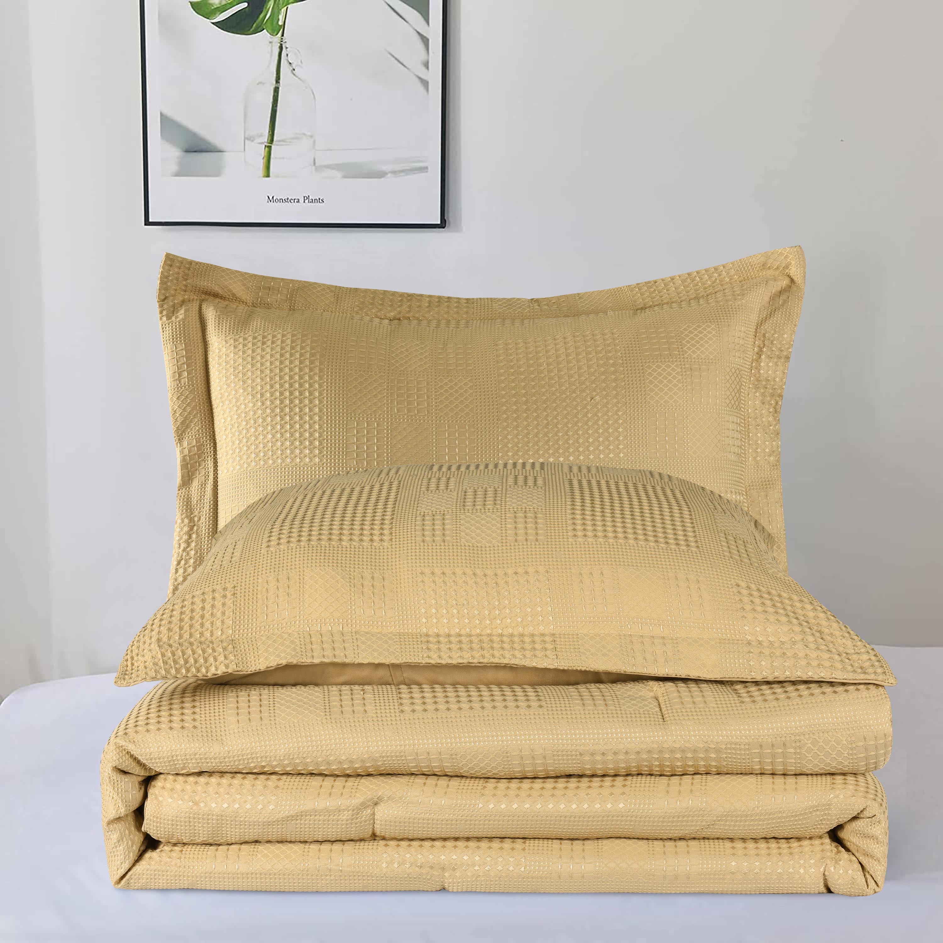 3 Pieces Textured Waffle Weave Comforter Set with Geometric Jacquard Pattern (Borya)