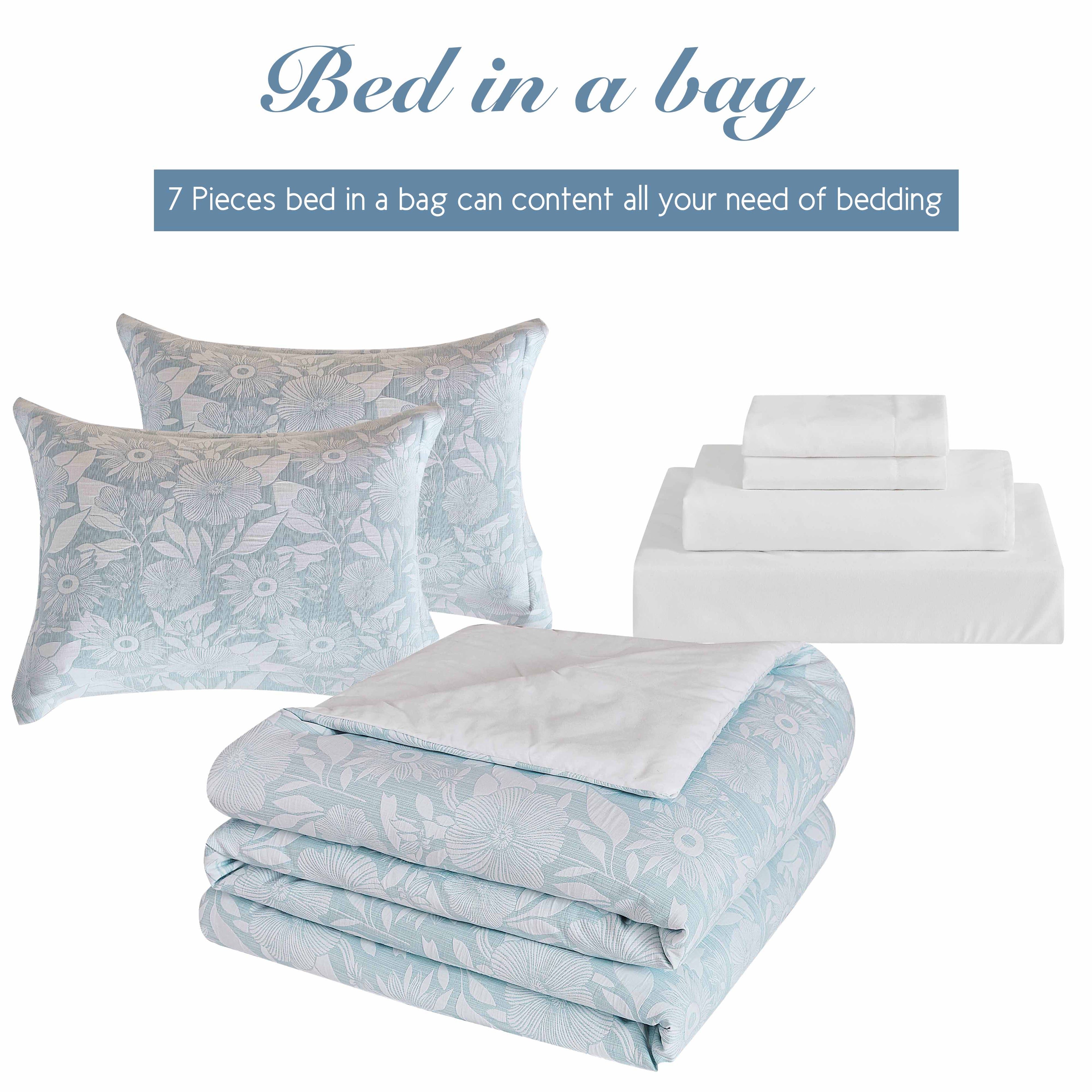 HIG 7pc Floral Jacquard Bed in a Bag Light Blue Botanical Comforters with Flat Sheet, Fitted Sheet and Shams
