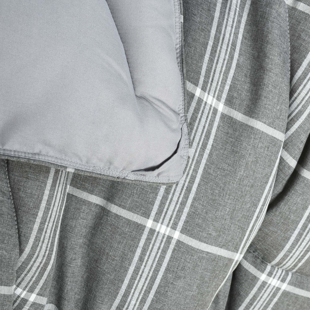 HIG 3PCS Reversible Check Pattern Comforter Set Cationic Dyeing Bedding Set, Beige / Gray, Queen / King