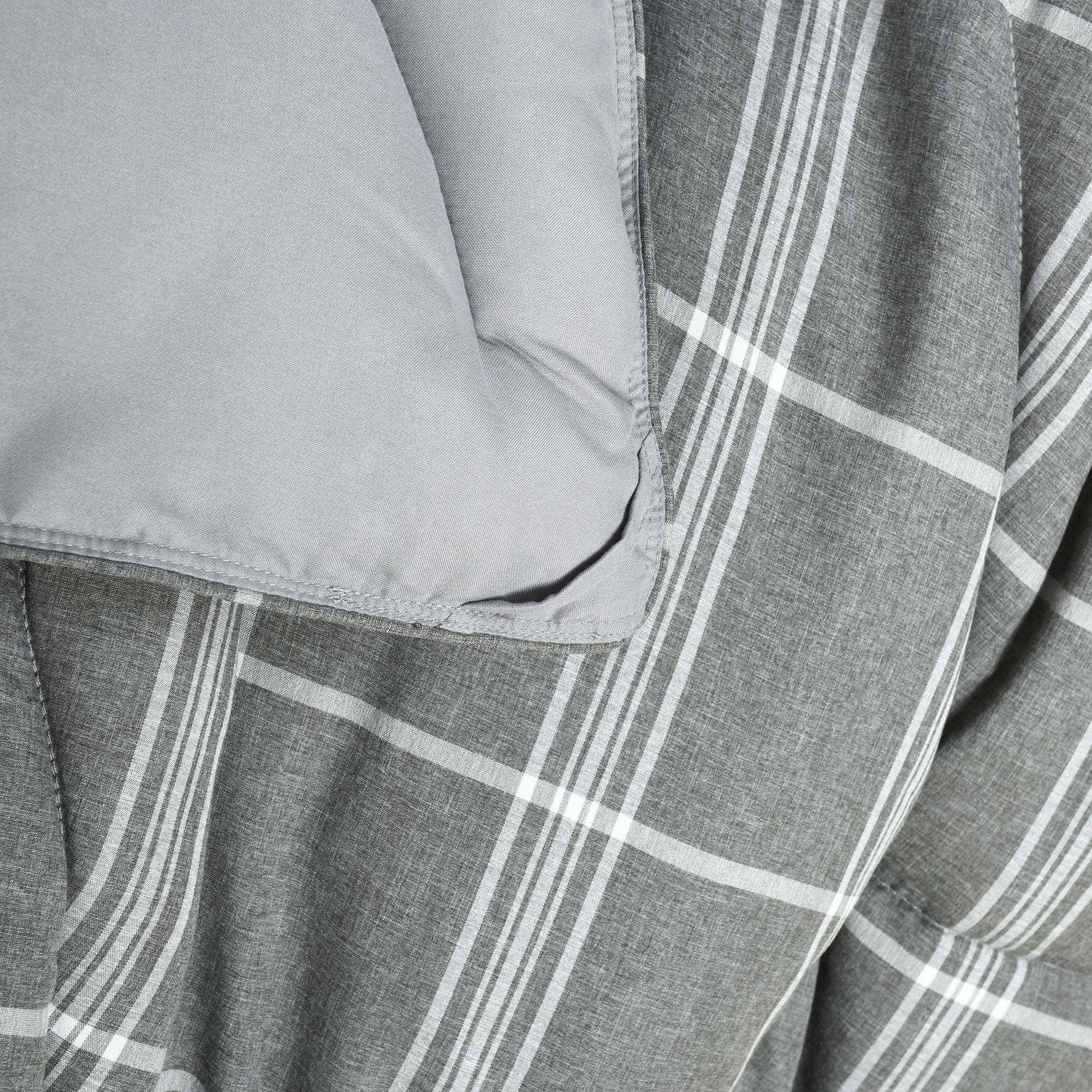 HIG 3PCS Reversible Check Pattern Comforter Set Cationic Dyeing Bedding Set, Beige / Gray, Queen / King