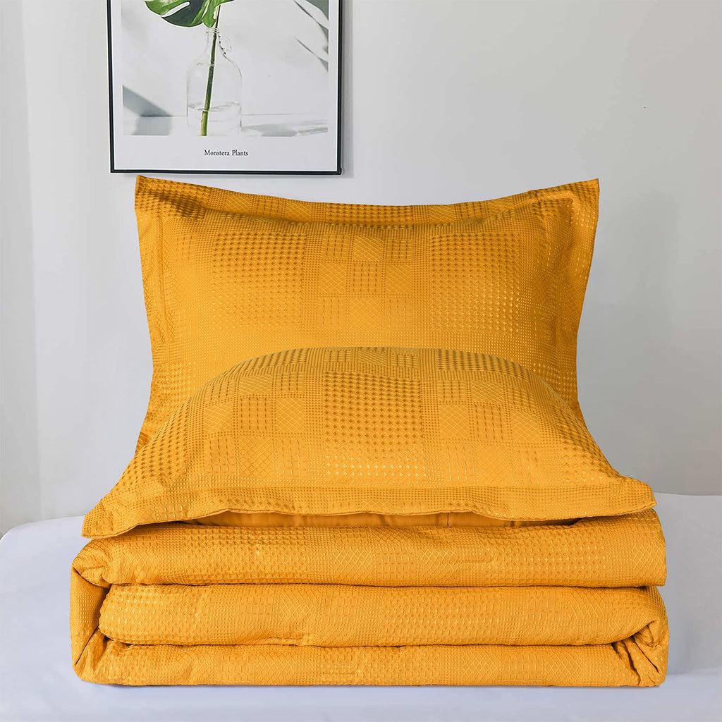 3 Pieces Textured Waffle Weave Comforter Set with Geometric Jacquard Pattern (Borya)