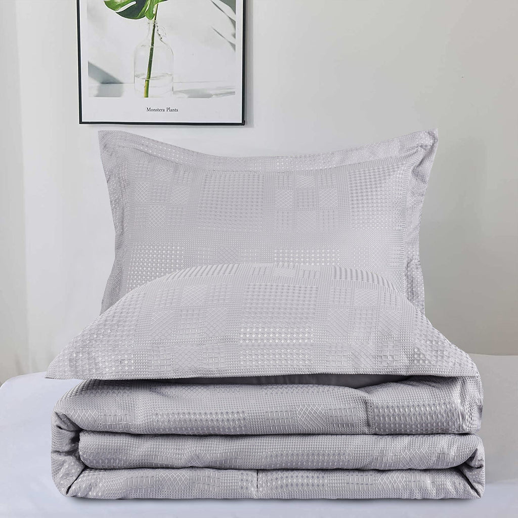 3 Pieces Textured Waffle Weave Comforter Set with Geometric Jacquard Pattern (Borya)