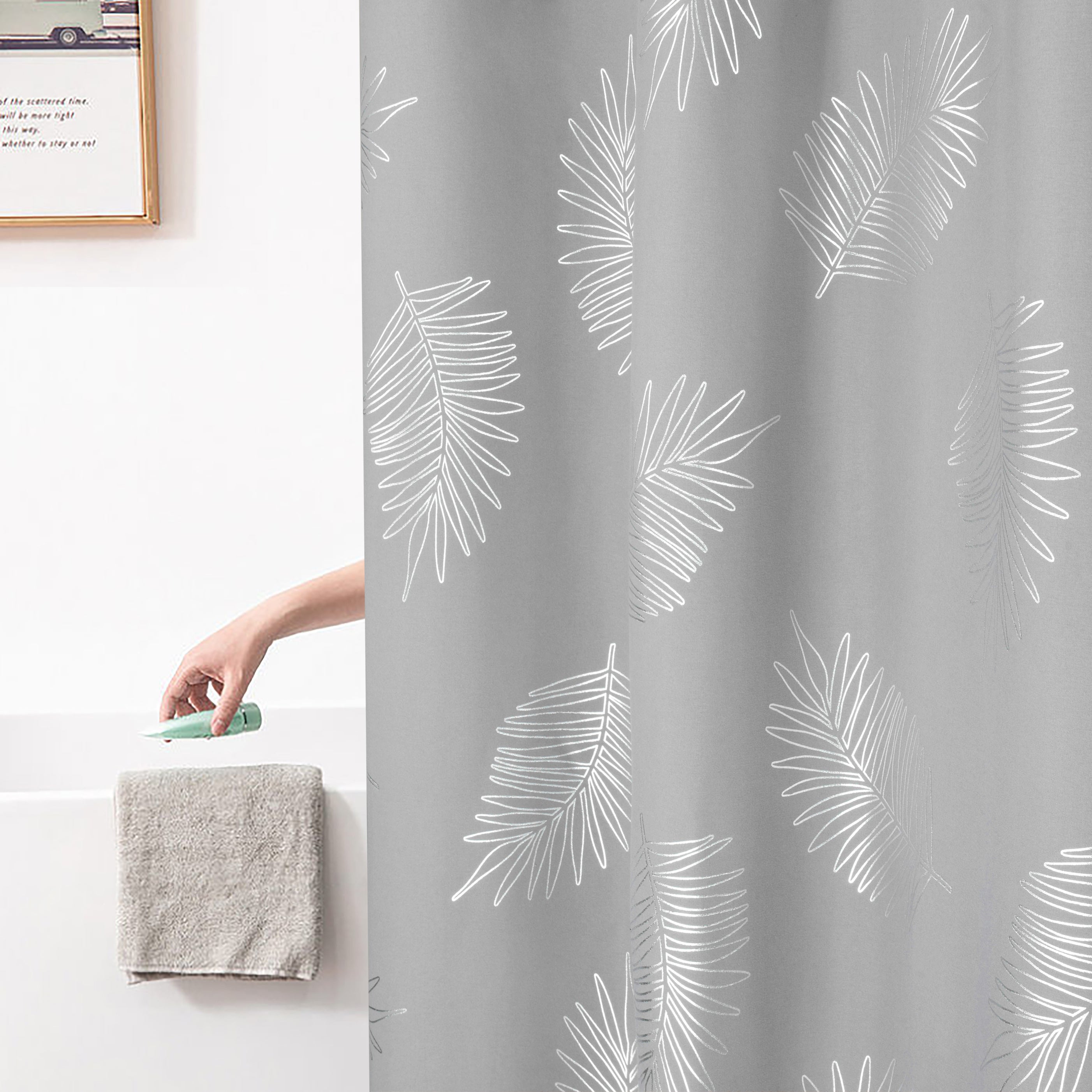 HIG Glitterr Foil Palm Tree Leaf Printed Shower Curtain, Modern Tropical Fabric Shower Curtains for Bathroom Decor, Decorative Shiny Bath Curtain, 72" x 72"