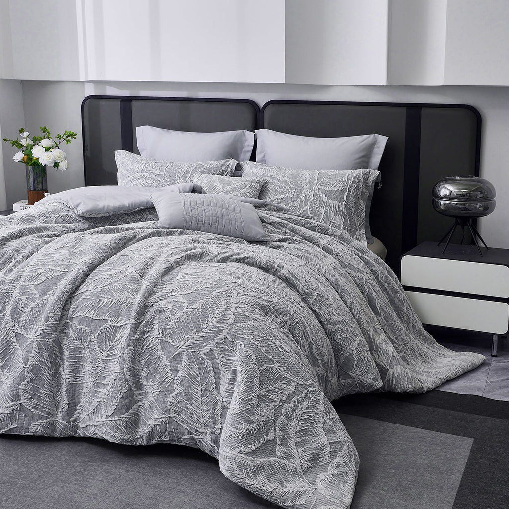HIG 7-Piece Gray Chenille Jacquard Comforter Set, Leaf Bed in a Bag Bedding Set, Queen/King Size