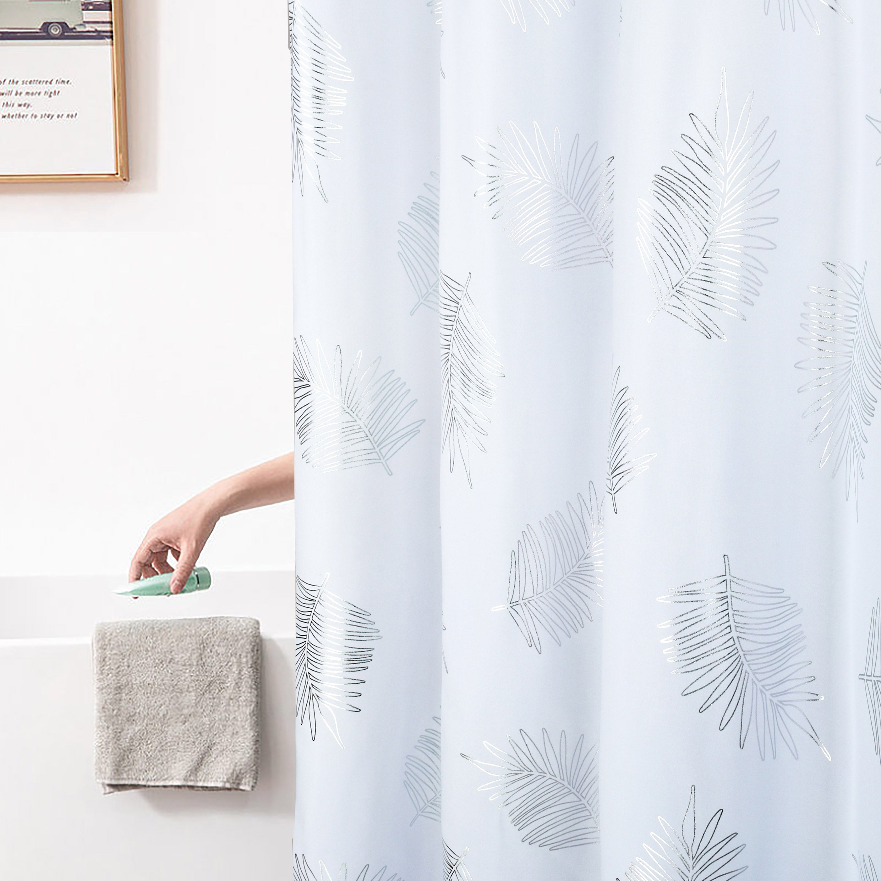 HIG Glitterr Foil Palm Tree Leaf Printed Shower Curtain, Modern Tropical Fabric Shower Curtains for Bathroom Decor, Decorative Shiny Bath Curtain, 72" x 72"
