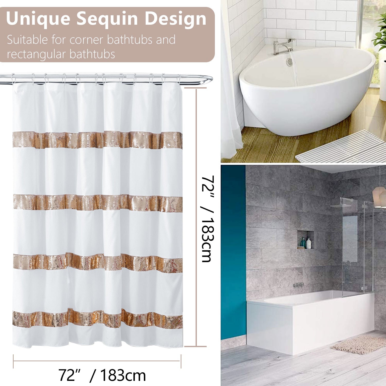 HIG Luxurious Modern Unique Sequins Embroidered Cloth Fabric Shower Curtain 72x72 Extra Long Bathroom Curtain
