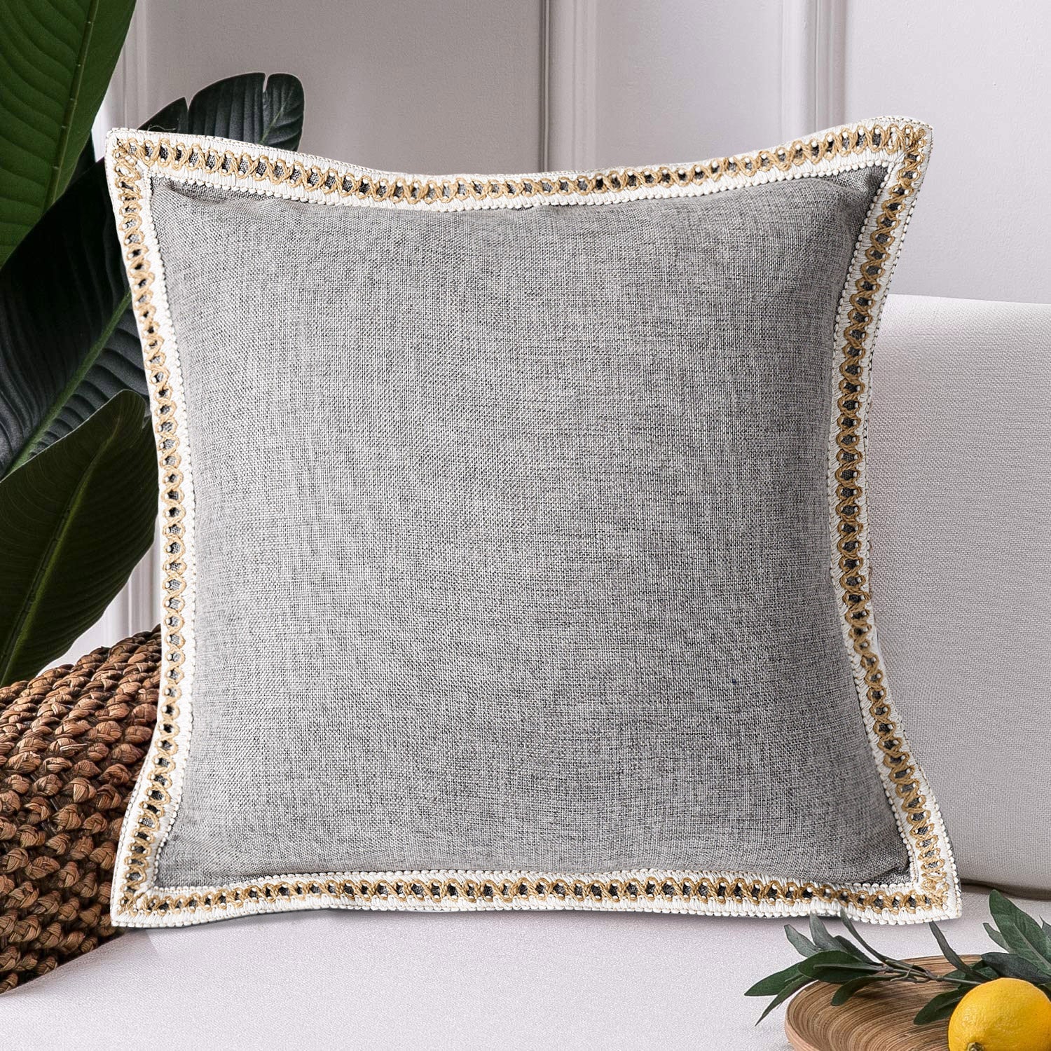 HIG Set of 2 Vintage Pillow Covers, Linen with Trimmed, 20 inches x 20 inches