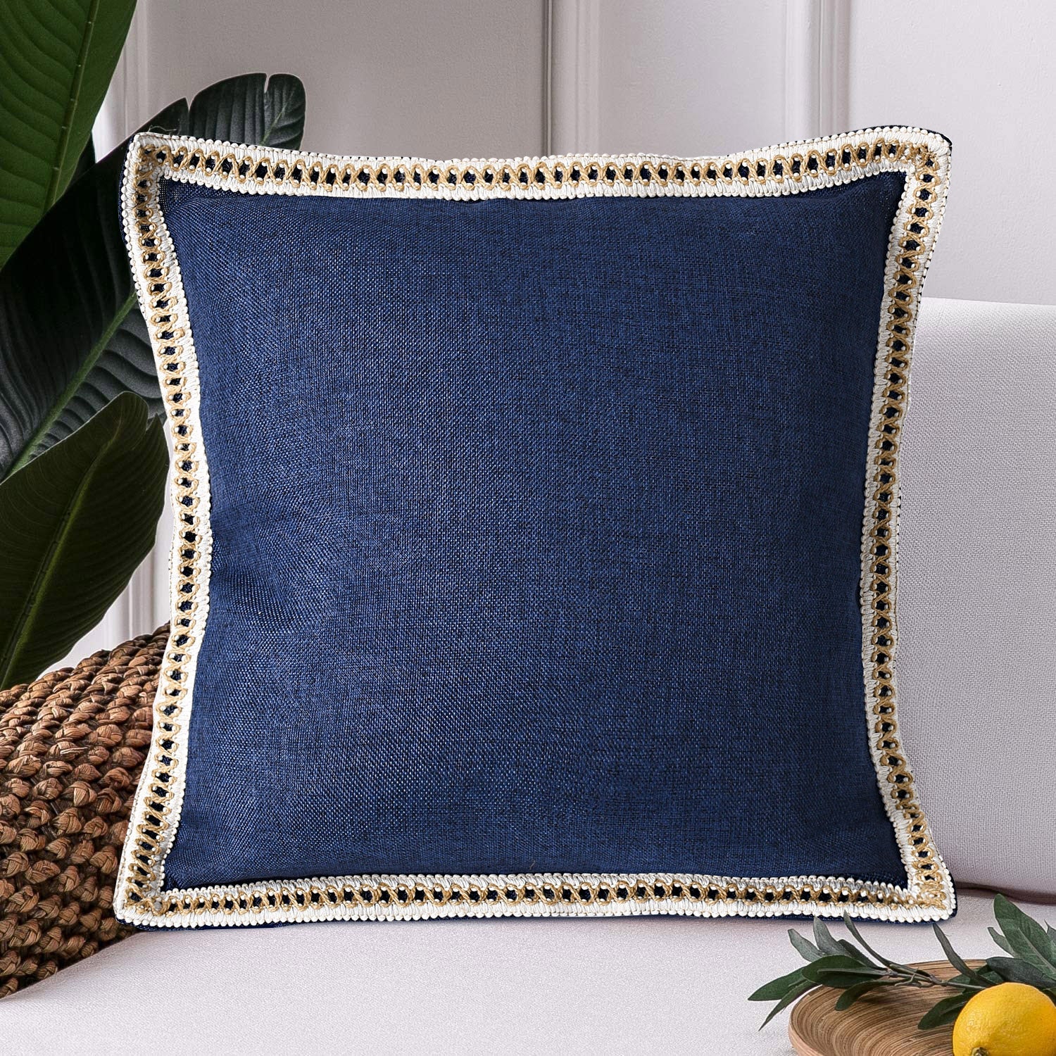 HIG Set of 2 Vintage Pillow Covers, Linen with Trimmed, 20 inches x 20 inches