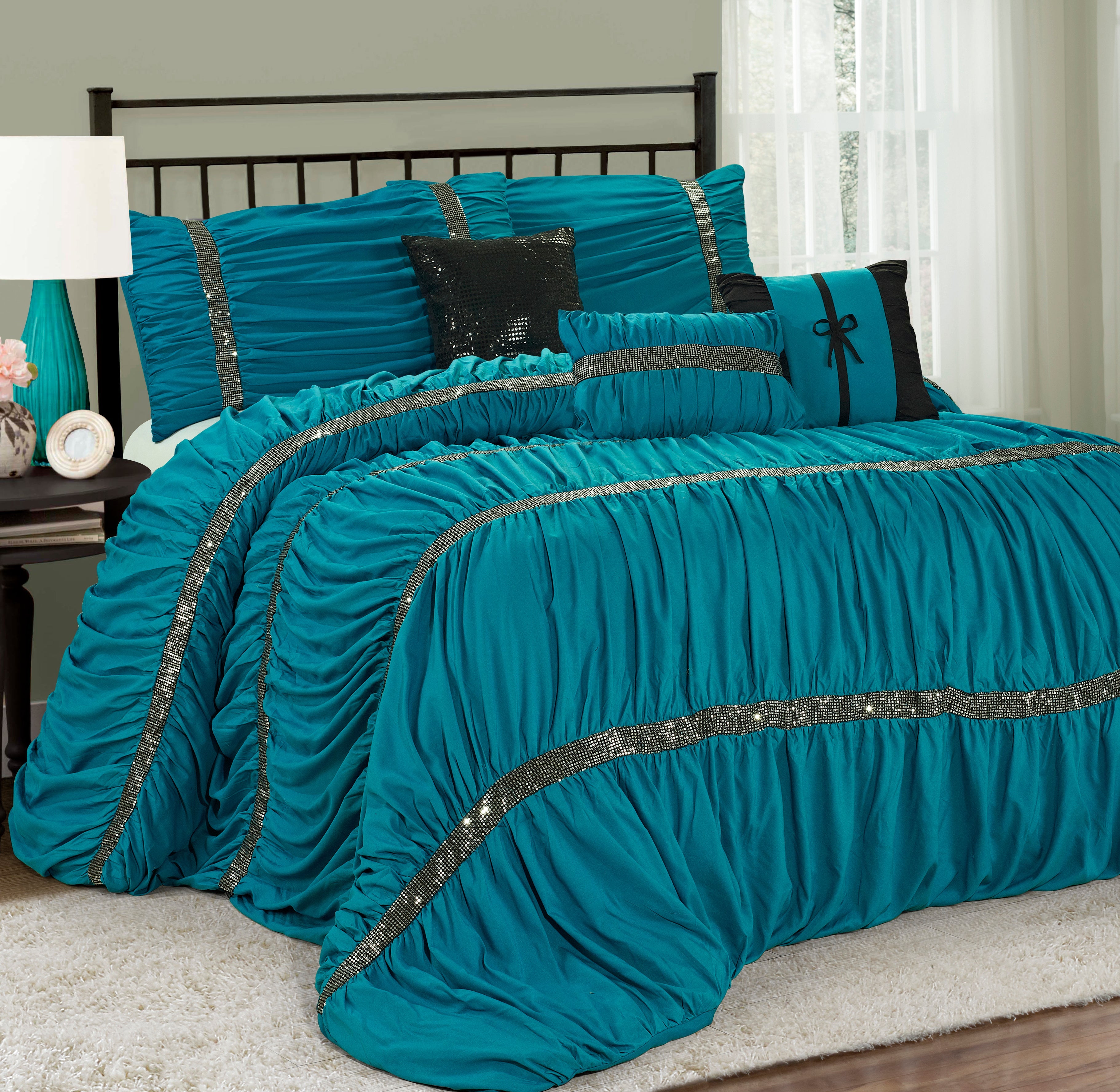 7 Piece Microfiber Ruffles Sequins Embroidery Bed In A Bag Comforter Set-Claraita