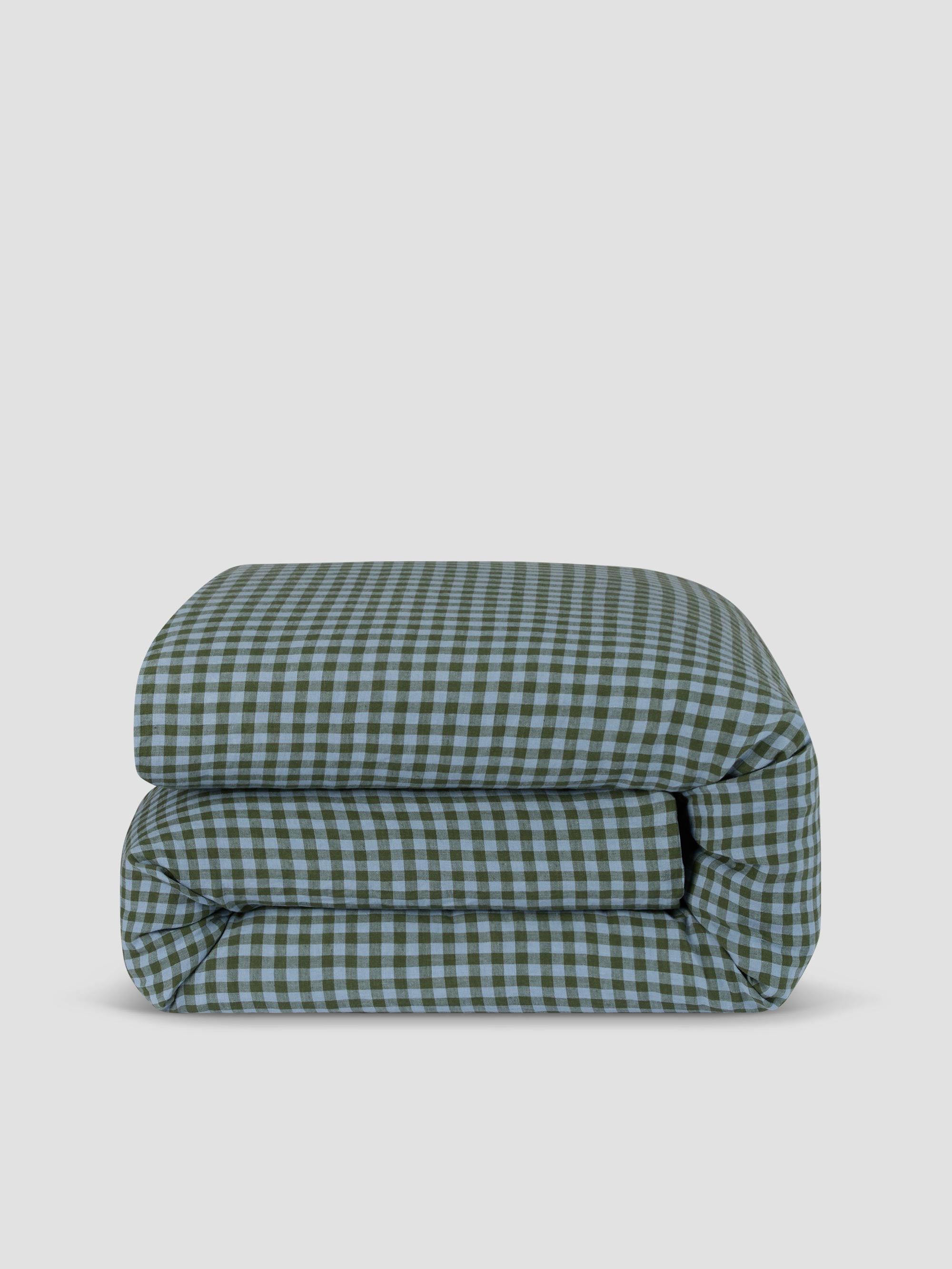 Fern Green & Dusk Blue Color Drenched Gingham 100% Linen Duvet Cover