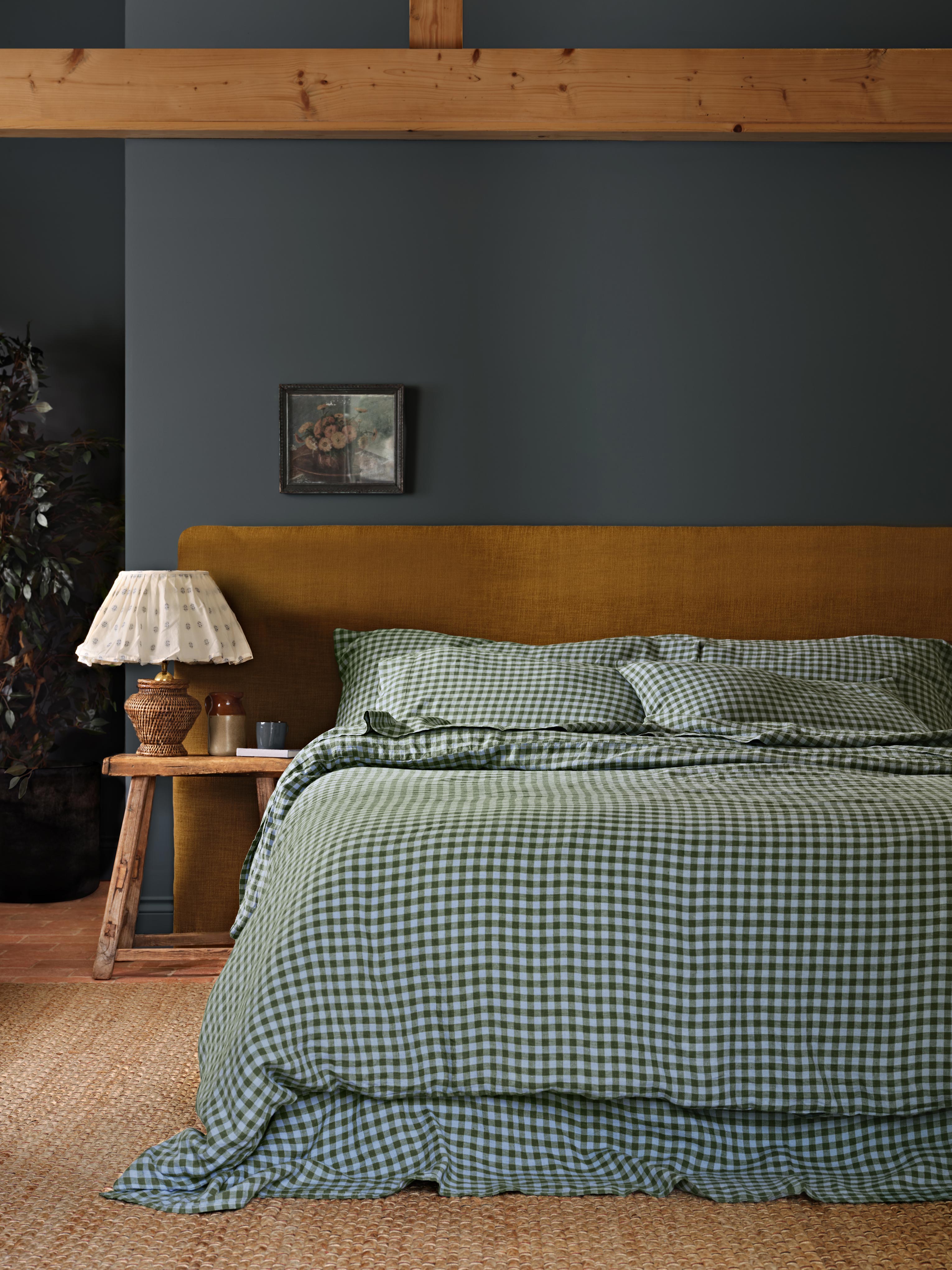 Fern Green & Dusk Blue Color Drenched Gingham 100% Linen Duvet Cover