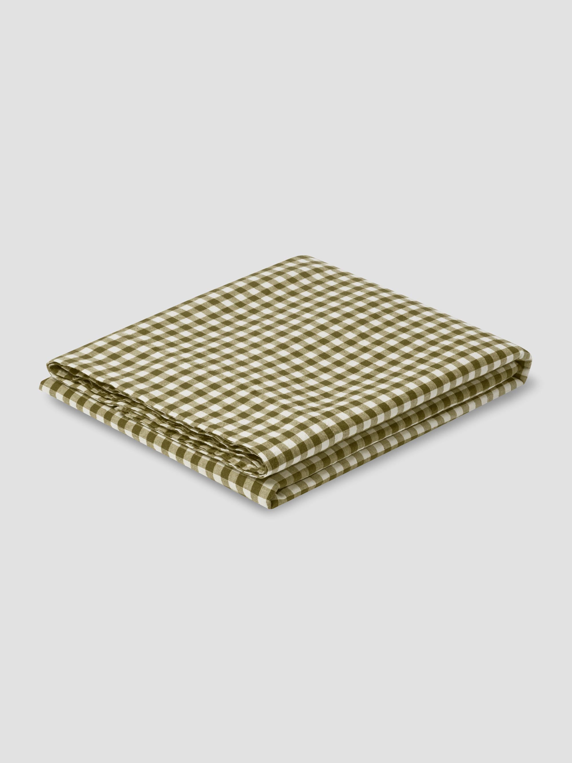 Botanical Green Gingham 100% Linen Flat Sheet