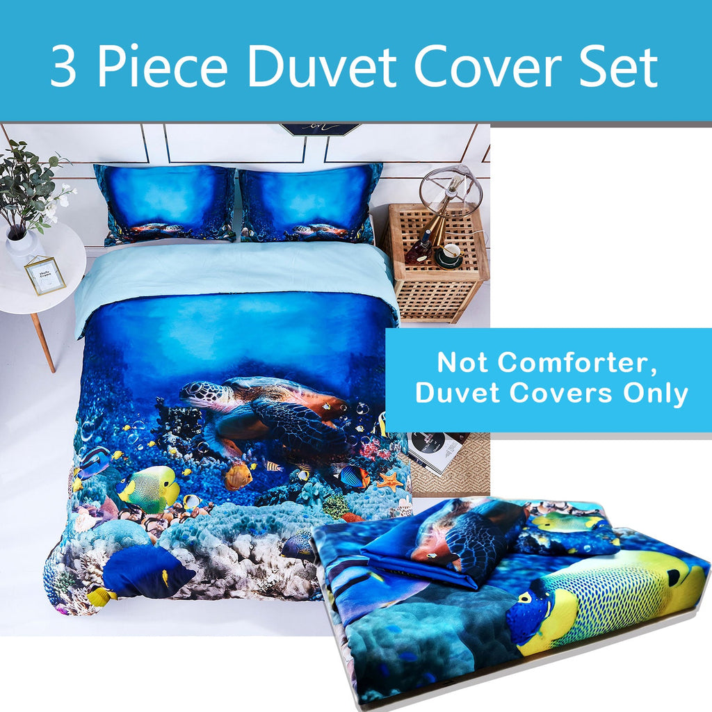 3D Sea Turtle Print Duvet Cover Set with Zipper Closure - Machine Washable