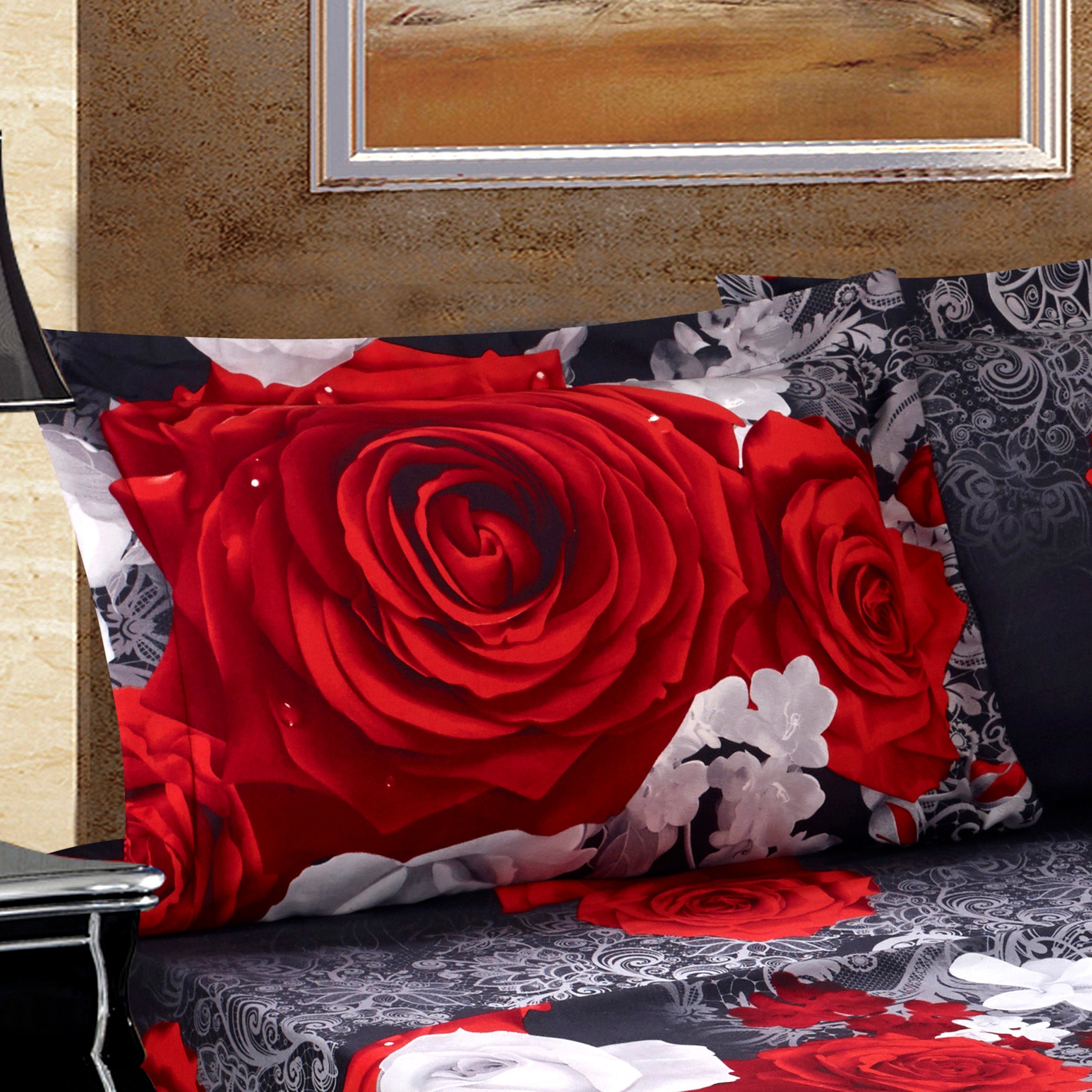 HIG 3D Print Sheet Set - 4 Piece Red And White Rose Printed Sheet Set Queen King Size