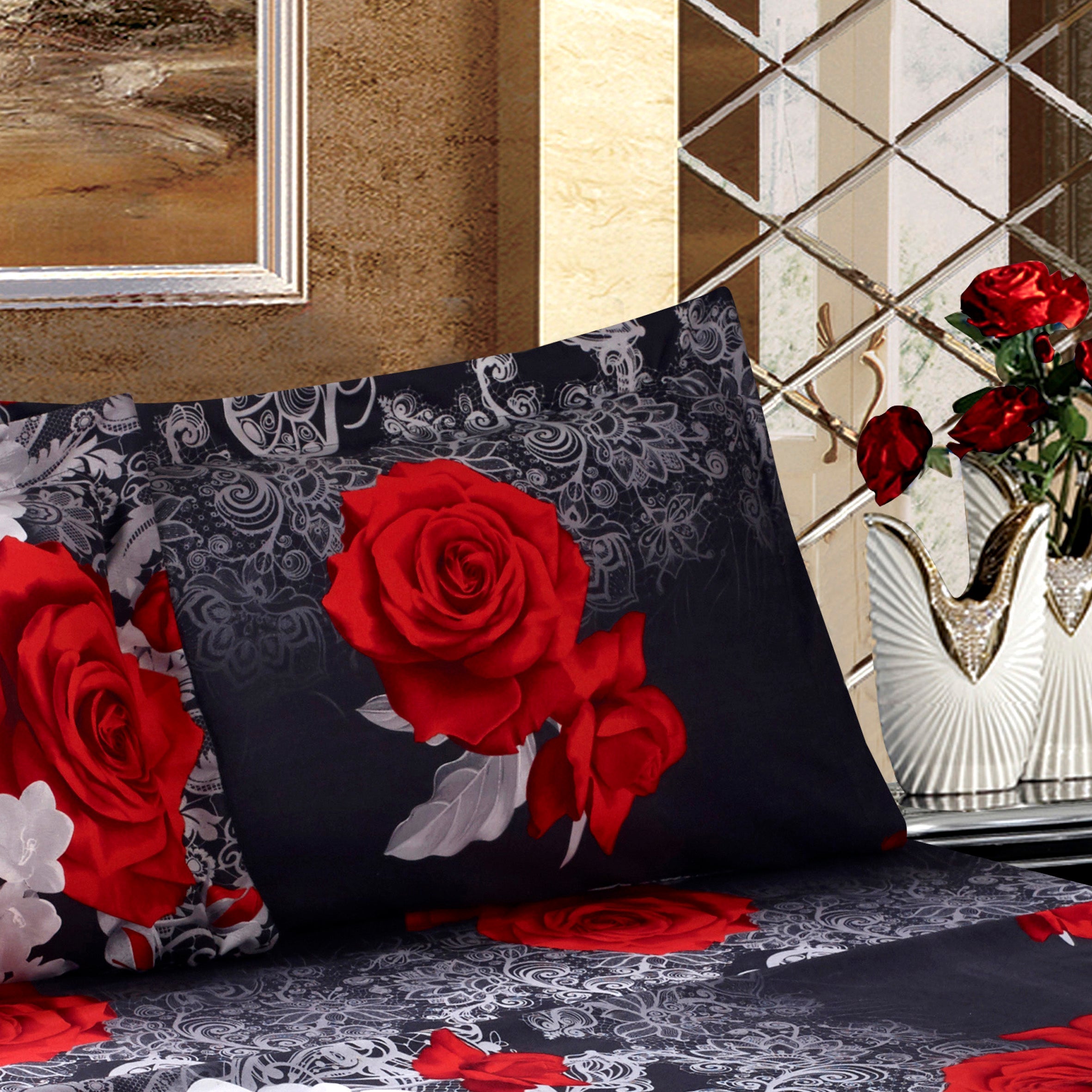 HIG 3D Print Sheet Set - 4 Piece Red And White Rose Printed Sheet Set Queen King Size